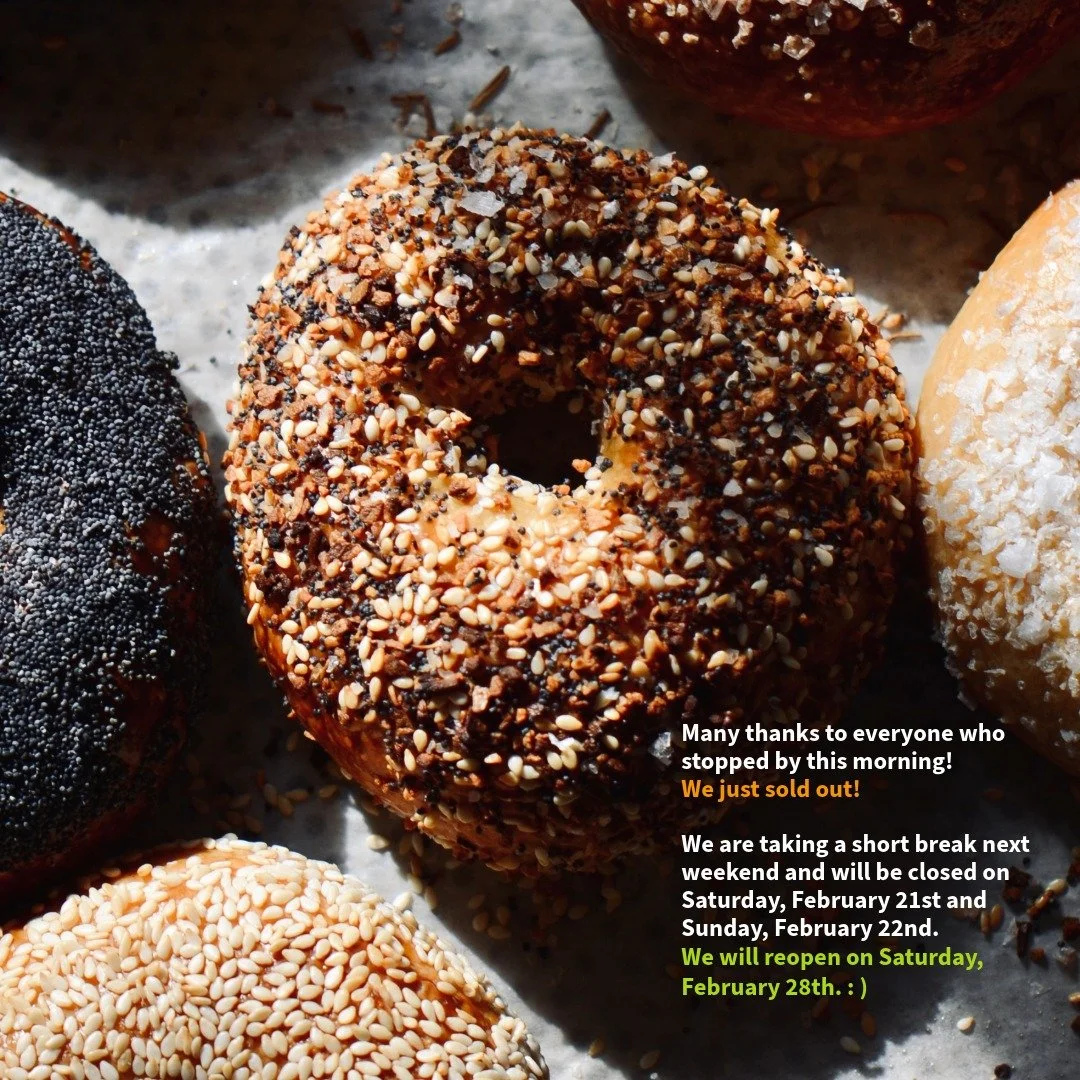 Many thanks to everyone who stopped by this morning for bagels! We just sold out! 

We are taking a short break next weekend and will be closed on Saturday, February 21st and Sunday, February 22nd. 

We will reopen on Saturday, February 28th. : )

#l