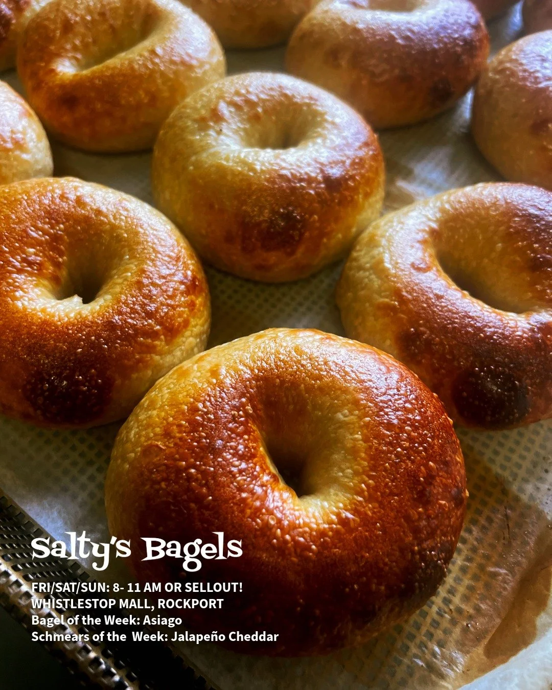 Now open Fridays, Saturdays &amp; Sundays 8:00 am - Sellout at the Whistlestop Mall in Rockport!

BAGEL OF THE WEEK: Asiago - Cheesy inside and out! 🧀
SCHMEARS OF THE WEEK: Jalape&ntilde;o Cheddar! 🥵

We have a limited number of pre-orders availabl
