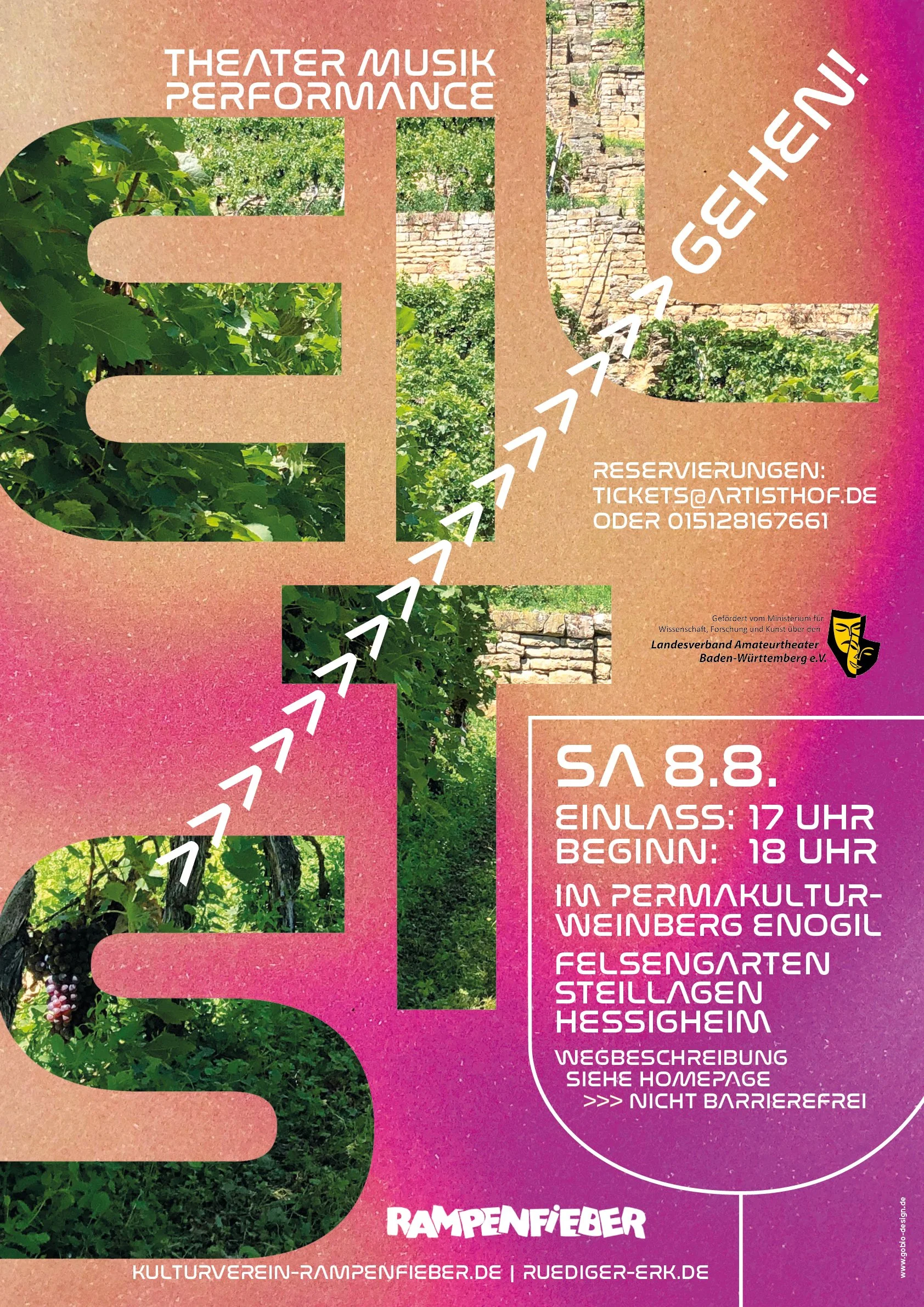 Das Bild zeigt ein Veranstaltungsplakat für das Theaterstück Steil gehen, mit bunten Farben.