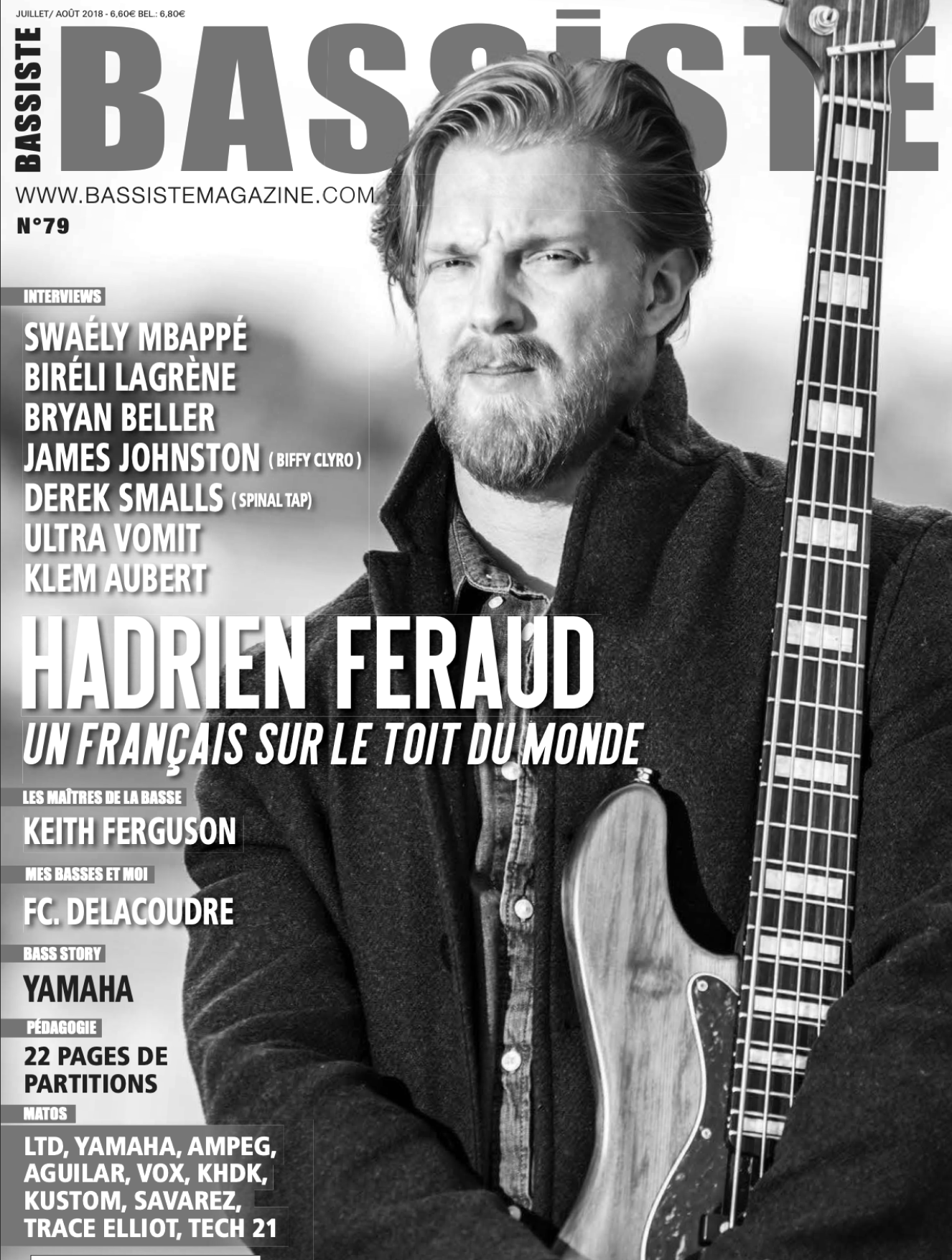 Black-and-white magazine cover of Bassiste featuring Hadrien Feraud holding a bass guitar. The cover includes multiple headlines and interview names in French and English.