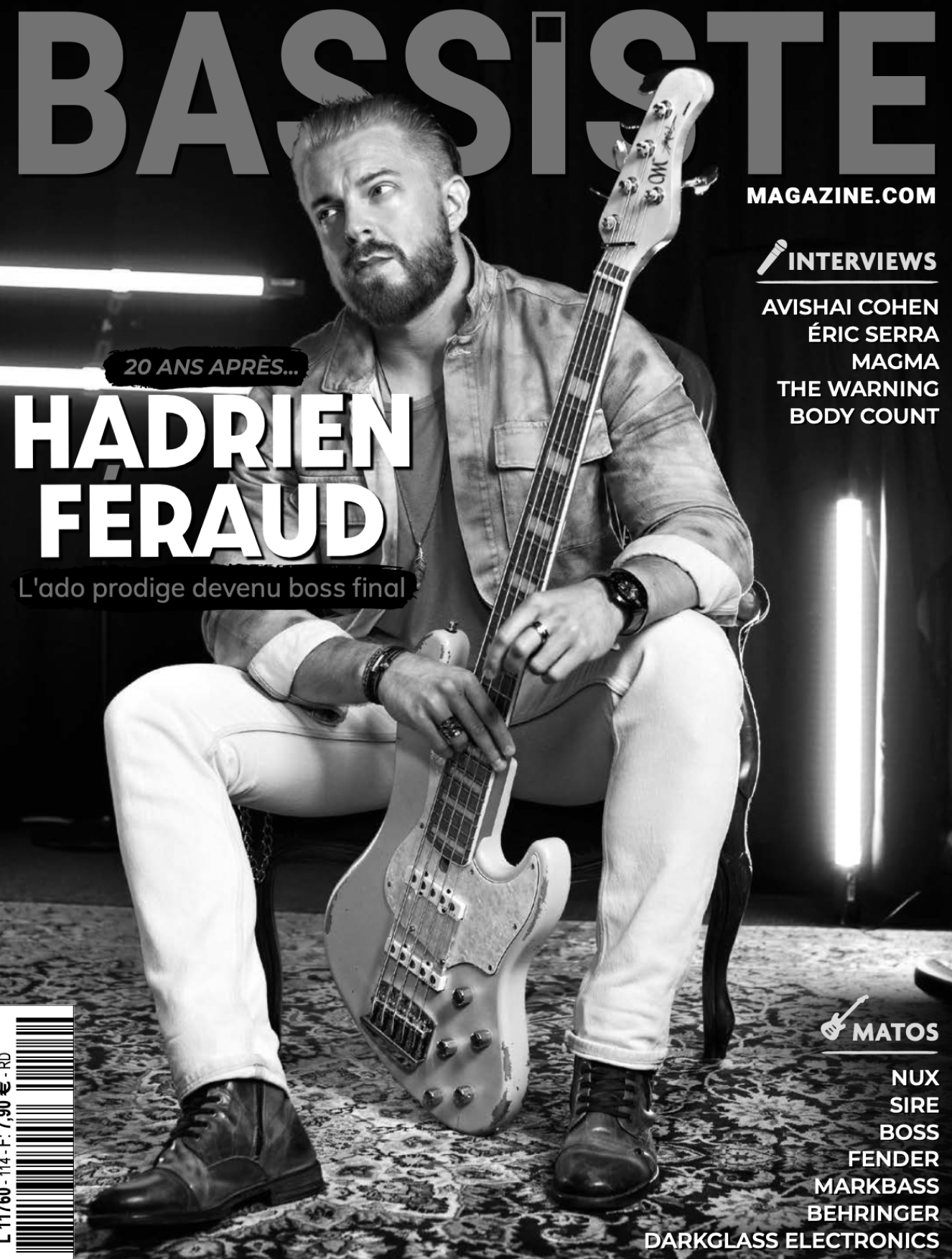 Black and white magazine cover of Bassiste featuring french bassist Hadrien Feraud holding an electric bass guitar, sitting on a chair in a studio setting. The cover includes text in French and English, with titles and article highlights.