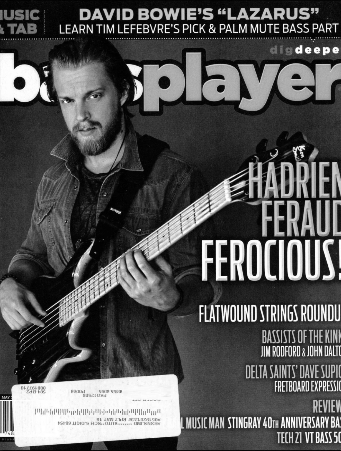 Black and white magazine cover of Bass Player featuring Hadrien Feraud holding a bass guitar, with various headlines about music and musicians, including David Bowie's 'Lazarus' and Hadrien Feraud.