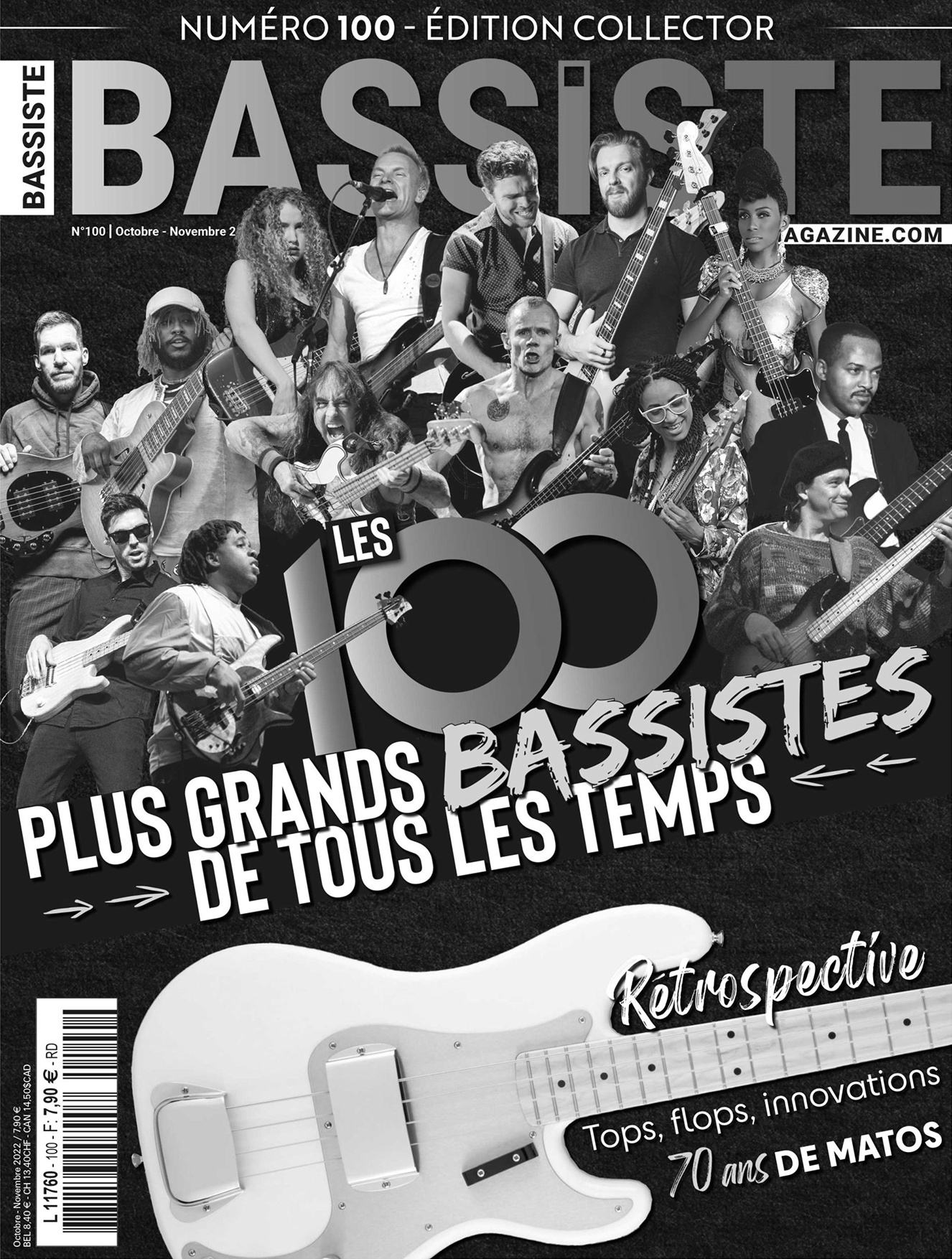 Black and white magazine cover of Bassiste featuring a collage of musicians playing bass guitars, and French text about bassists and musical retrospectives and the greatest of all times list.
