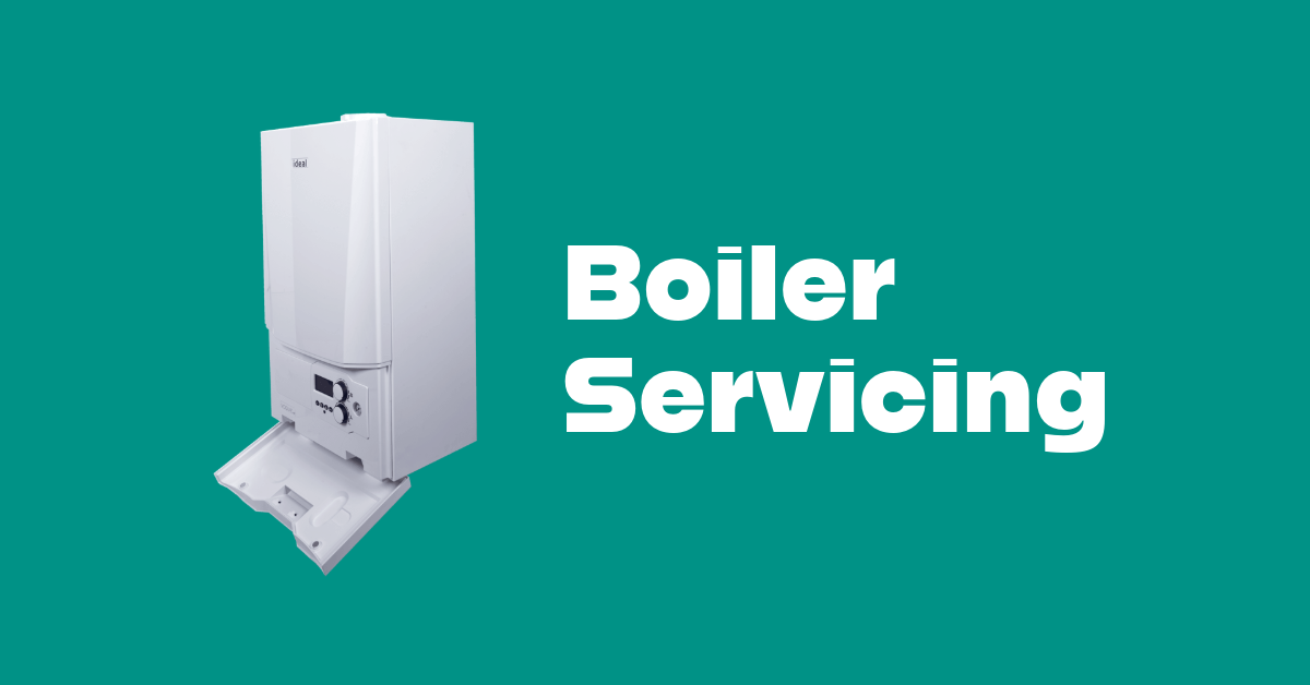 White boiler on teal background with text 'Boiler Servicing'