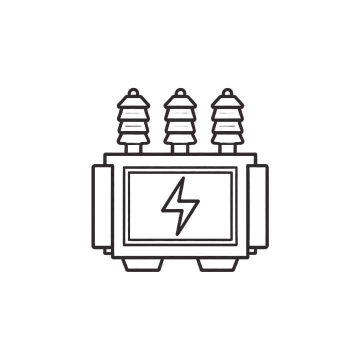 Line drawing of an electrical transformer with three insulators on top and a lightning bolt symbol in the center of the display.