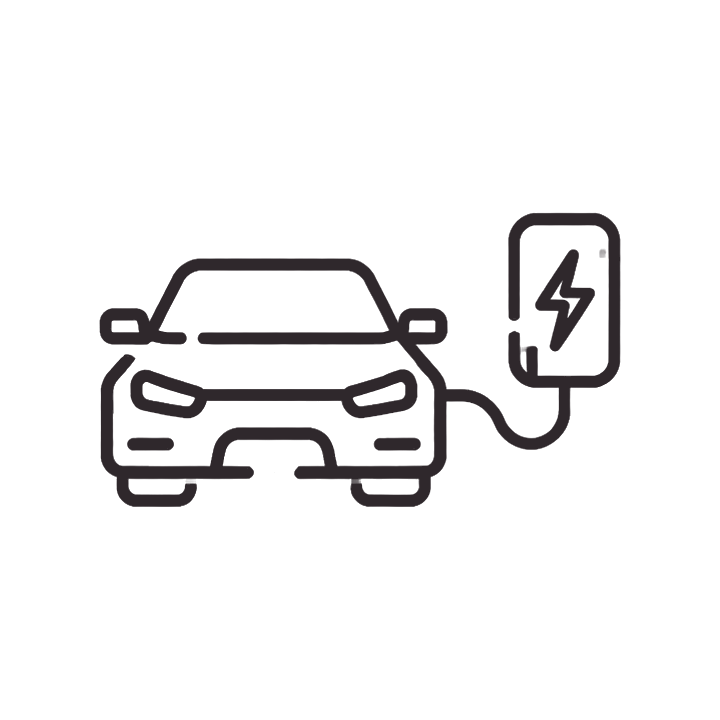 Line drawing of an electric car connected to a charging station.