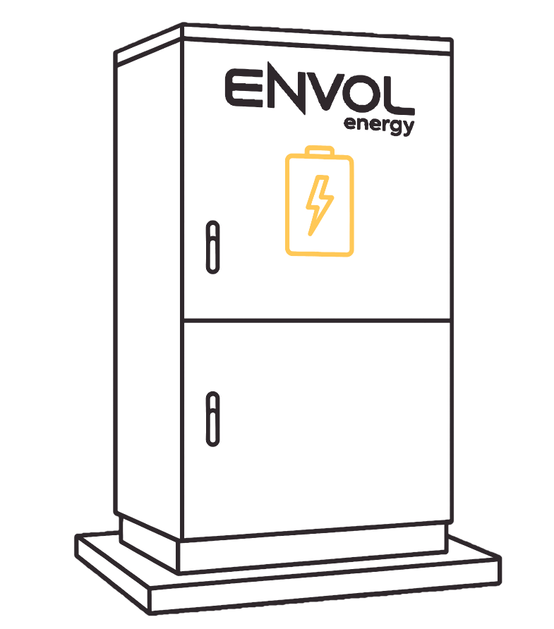 An illustration of an Envol Energy battery storage unit with a yellow lightning bolt icon, outlined in yellow. The unit is depicted on a small platform with the Envol Energy logo at the top.