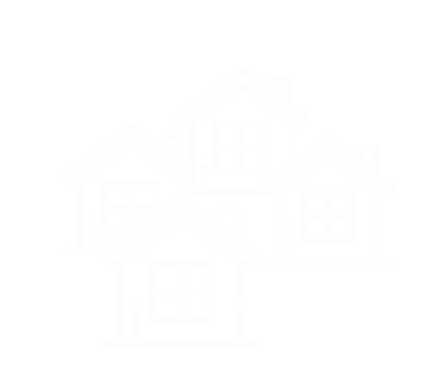 Illustration of several small houses with pitched roofs stacked together, drawn with white lines on a black background.