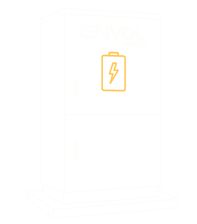 A black background with a white outlined energy storage cabinet labeled "ENVAL energy" at the top, containing a yellow battery icon with a lightning bolt symbol.