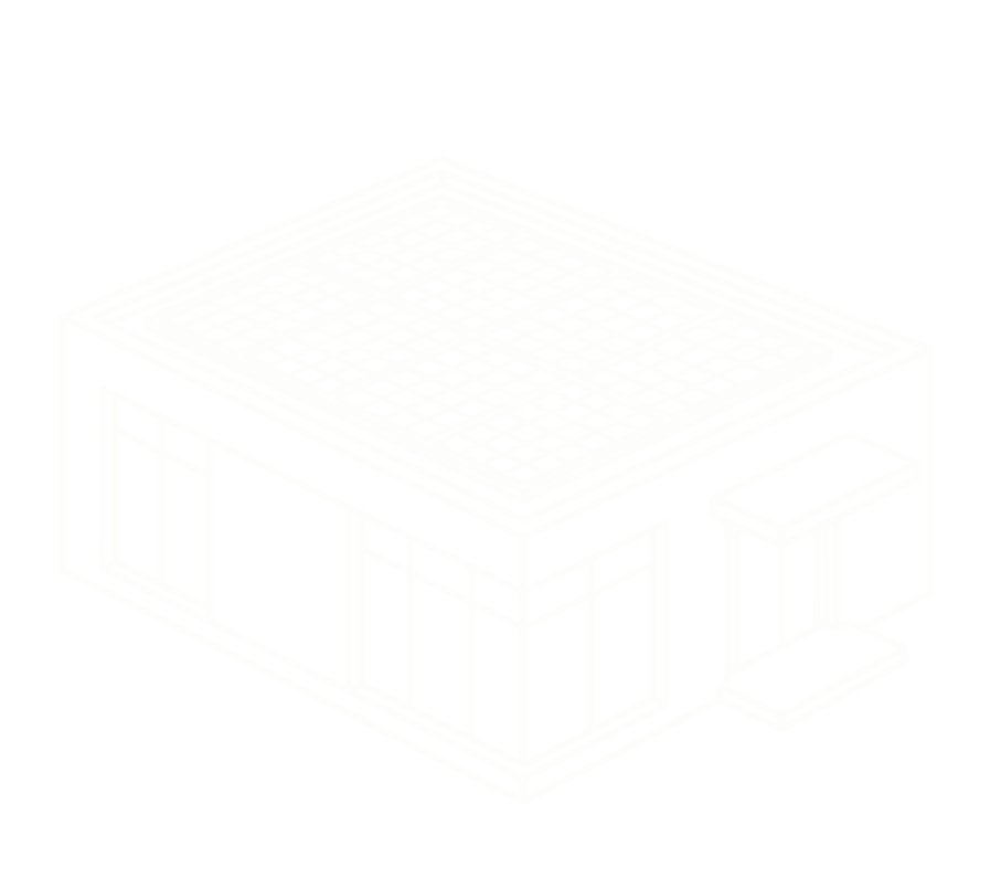 A black and white isometric drawing of a building with glass walls and a grated roof, featuring an exterior staircase on one side.