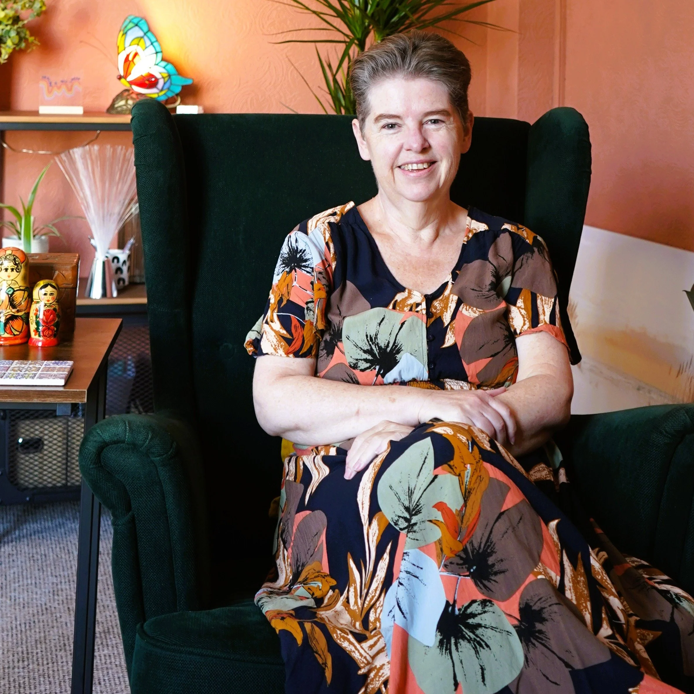 Thanks to @studio_of_lana for taking brilliant pics of me and my new Hoylake counselling room - this is my favourite chair, and it was FREE - it's a lovely bottle green Ikea Strandmon wingback chair. Someone was giving it away online, it was even the