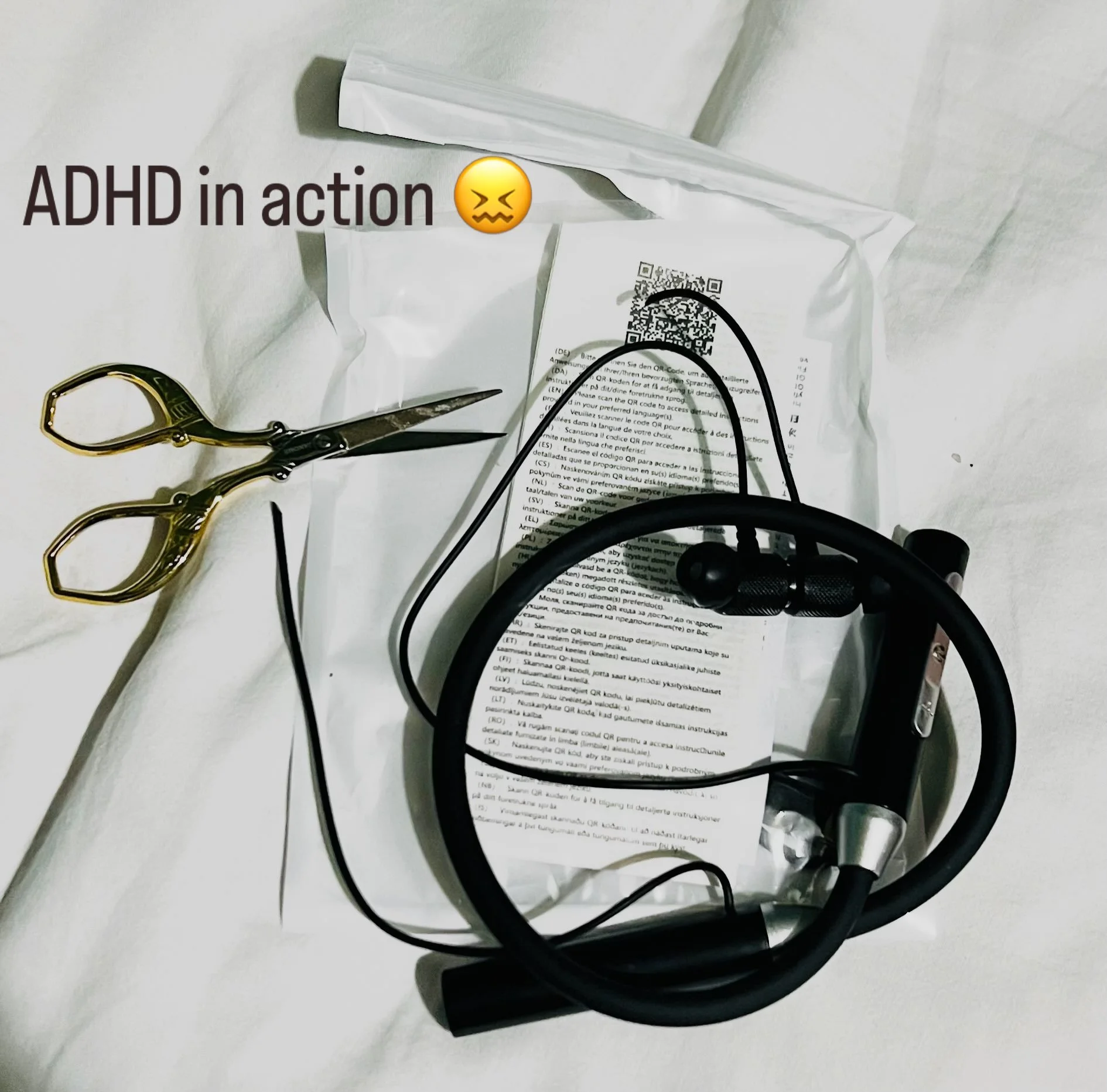 The ADHD tax strikes again! Even as I am cutting open this bag with a new set of earphones in it, my brain does not think to check why it&rsquo;s quite difficult to cut at one point&hellip;. And &lsquo;just like that&rsquo; I have cut through the cab