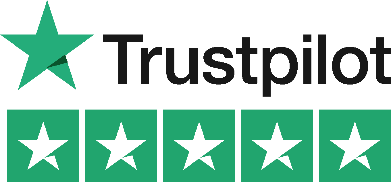 Trustpilot logo with a green star and five rating stars below.