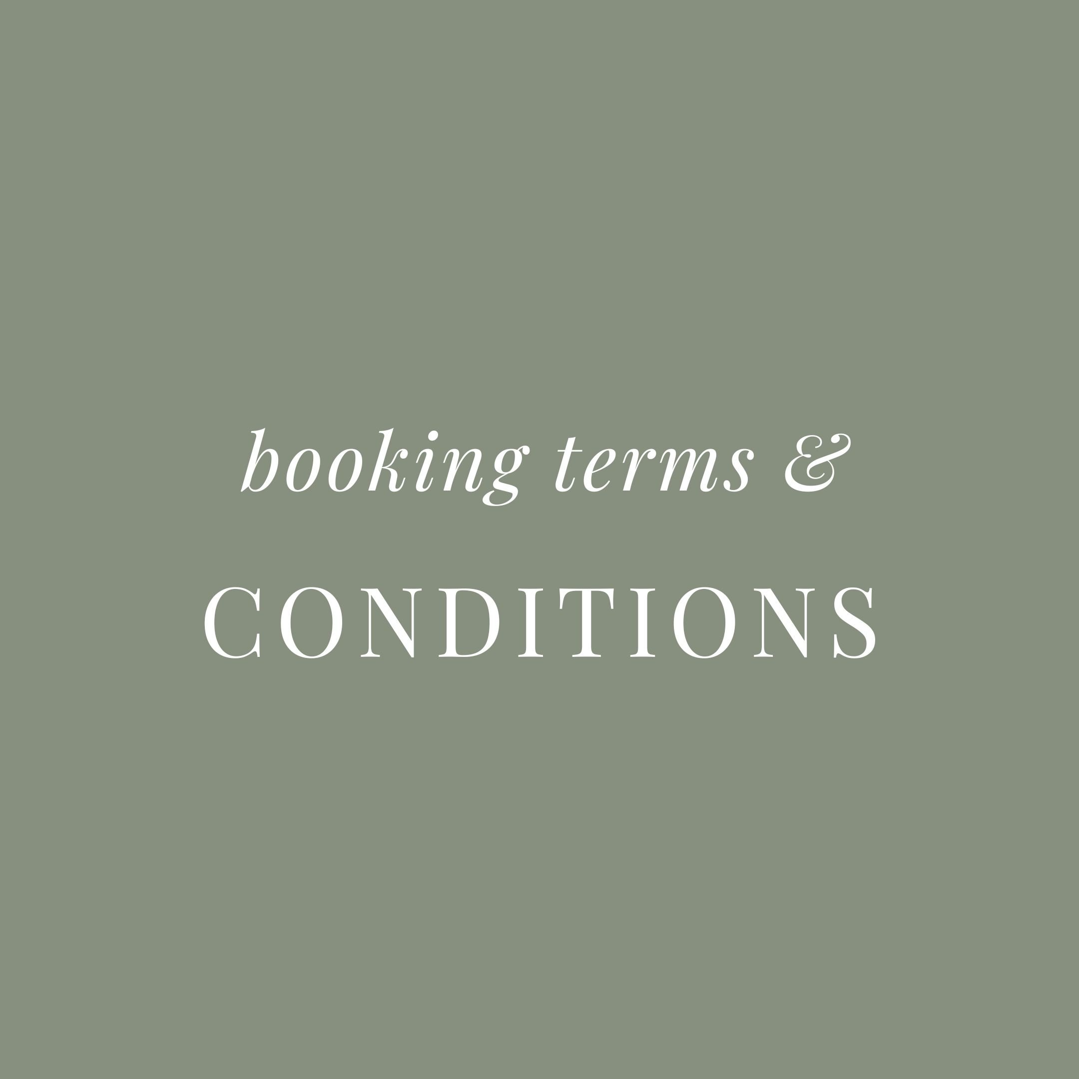 Cover page with the text 'booking terms & CONDITIONS' on a muted green background.