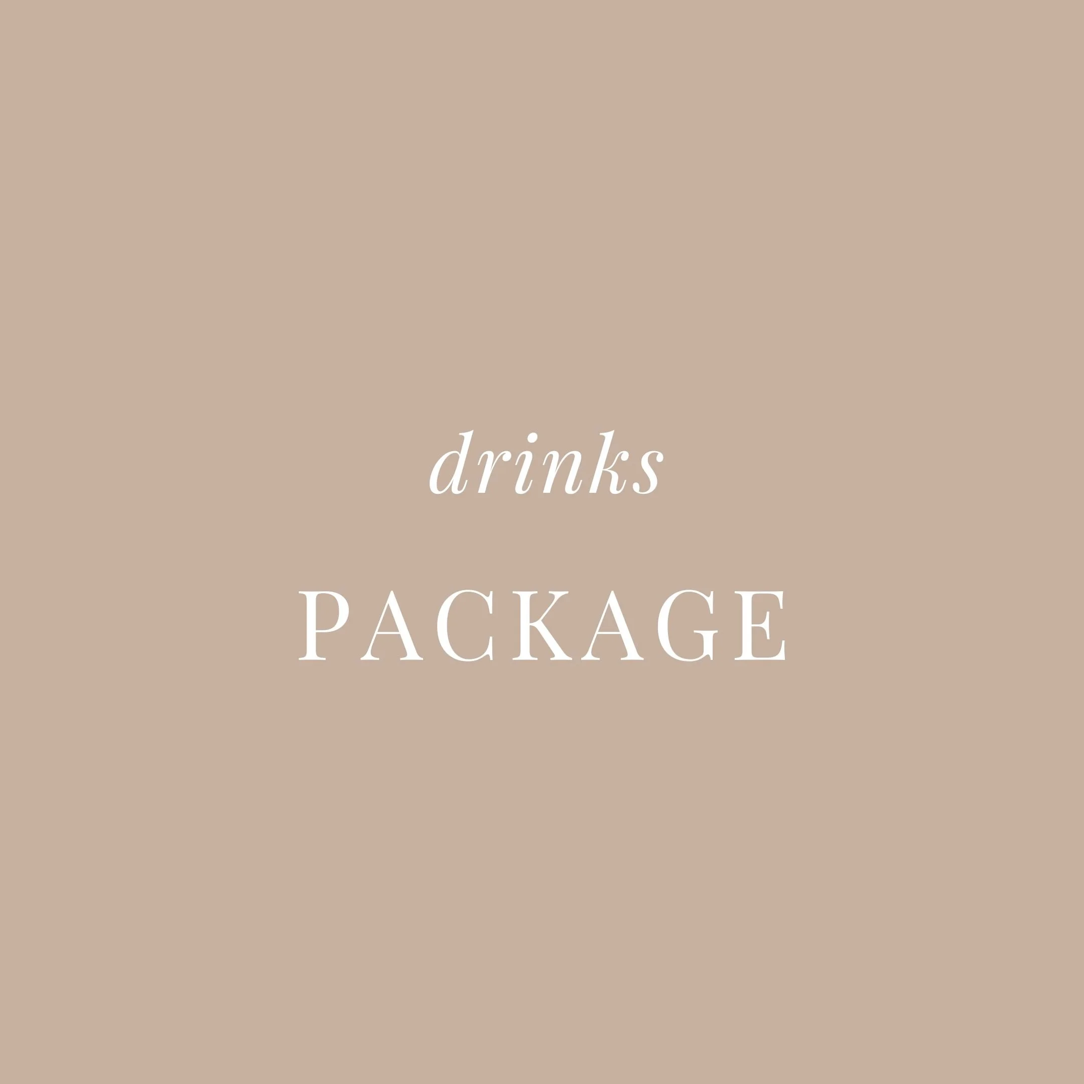 A beige background with the words "drinks PACKAGE" in white text.