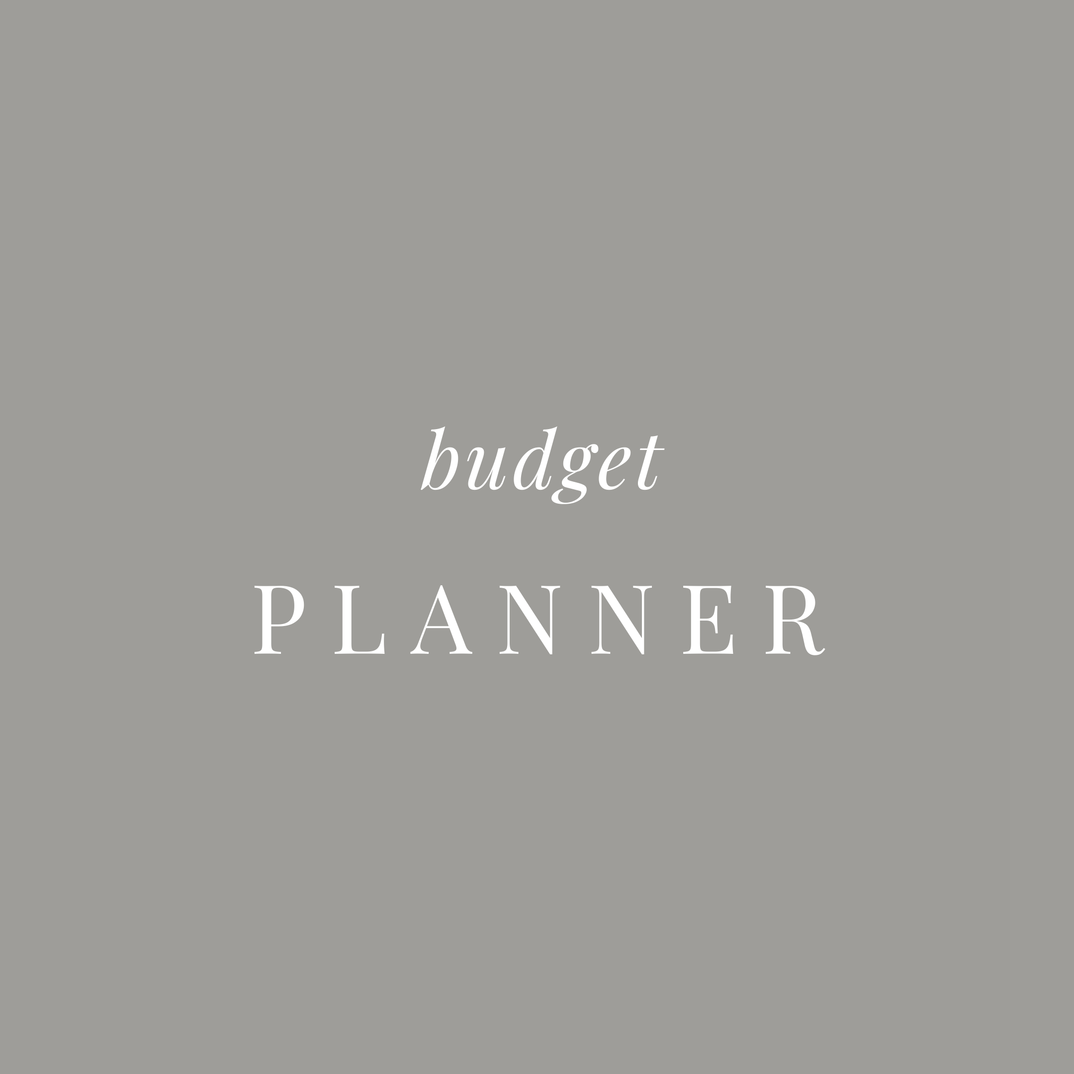 Gray cover page of a budget planner with white text that says "budget PLANNER" in a stylish font.