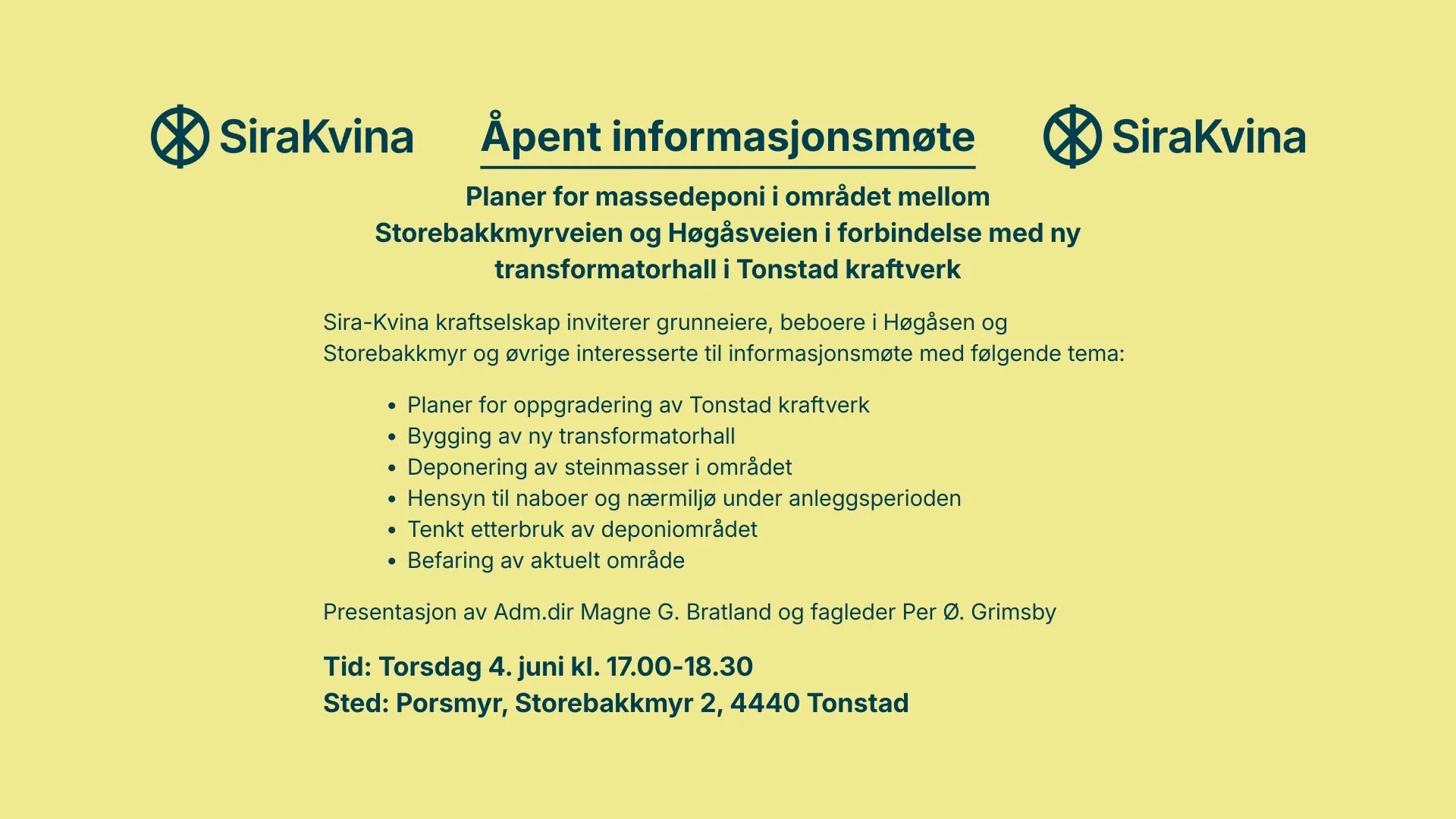 Åpent informasjonsmøte om behov for ny transformatorhall i Tonstad kraftverk 