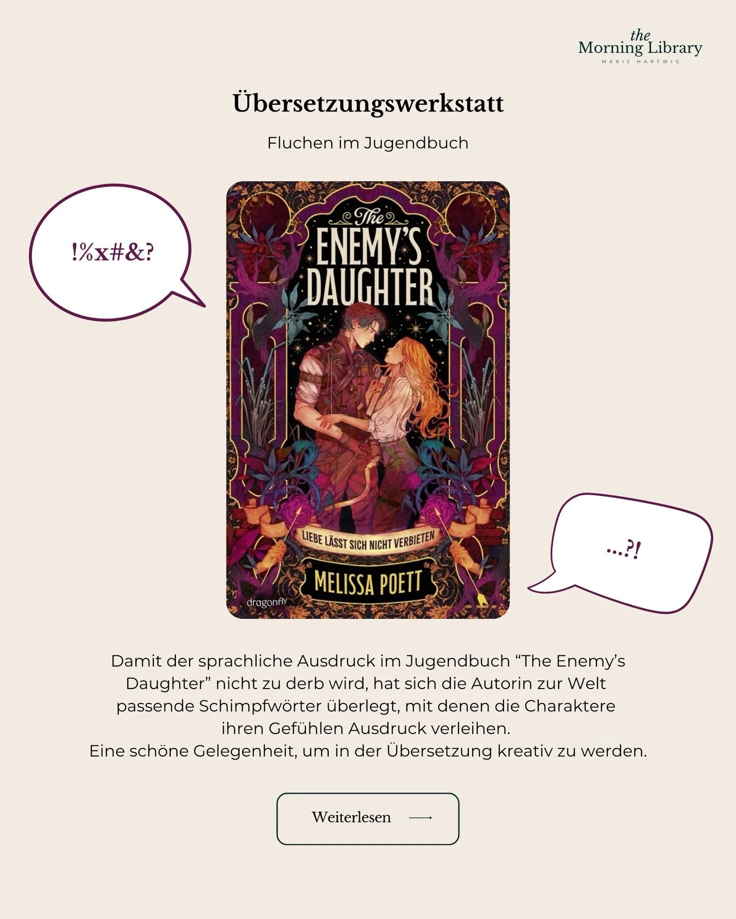 Ein weiterer Einblick in die &Uuml;bersetzungsarbeit an &bdquo;The Enemy&lsquo;s Daughter&ldquo; von @melissawritesya zum Thema Fluchen 🗯️ Ein paar der Ausrufe w&uuml;rde ich gerne in meinen allt&auml;glichen Sprachgebrauch &uuml;bernehmen. Welcher 