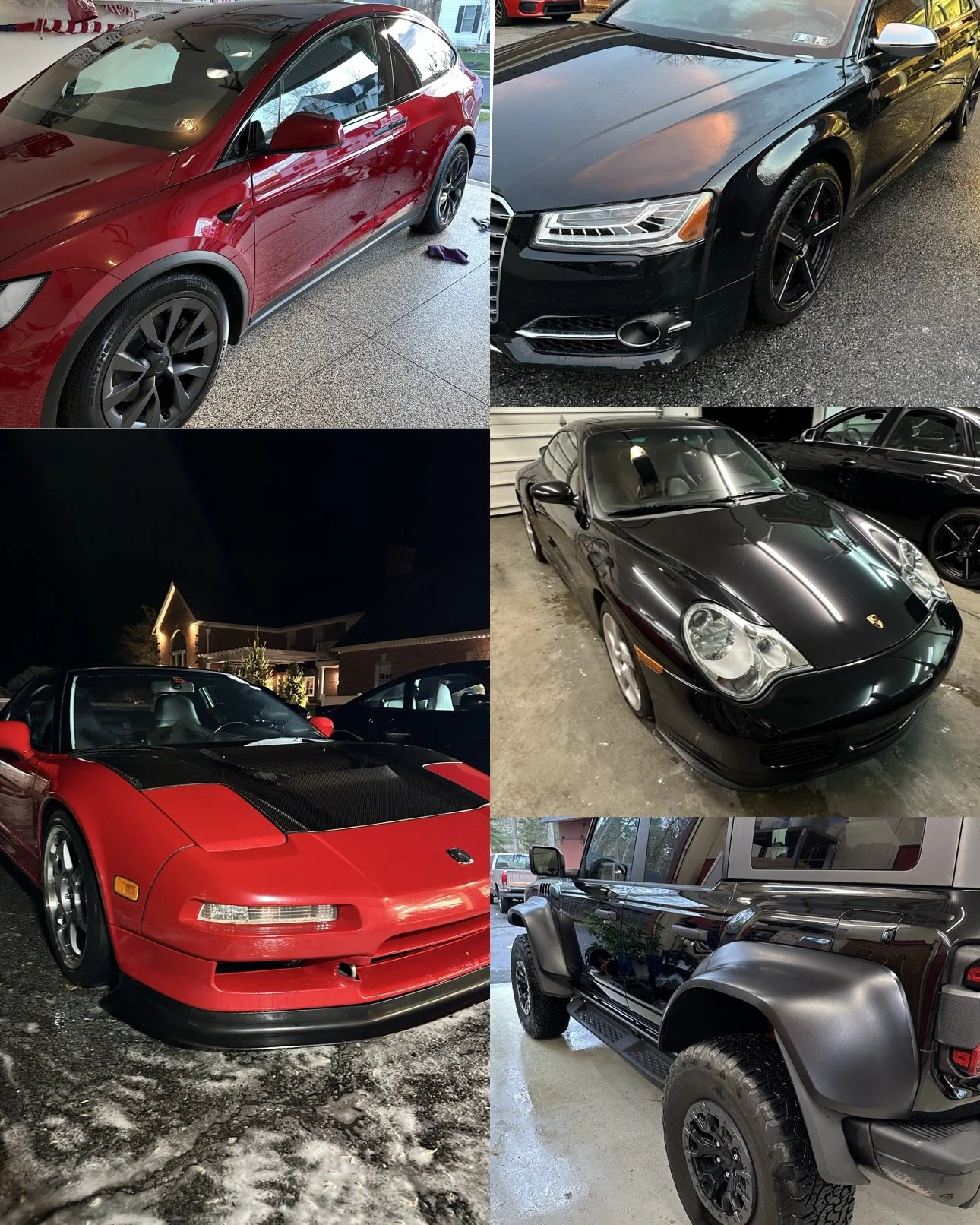 Collage of five different freshly washed cars: a red Tesla Model 3, a black Audi sedan, a black Porsche sports car, a red Chevrolet Corvette, and a gray Jeep Wrangler.