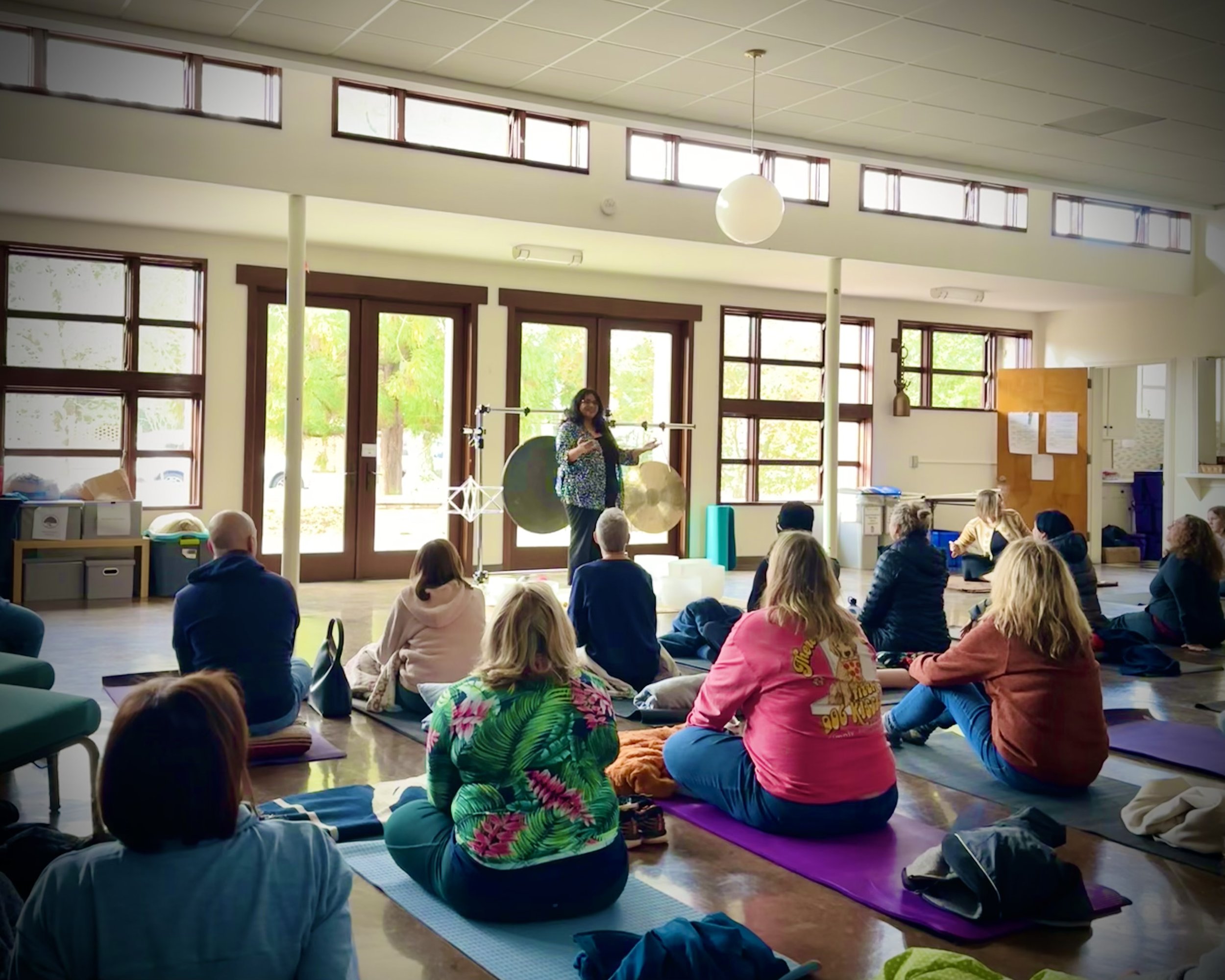 Group meditation session led by Sudha McFadden at a Sumac Arts mindfulness workshop in South Carolina