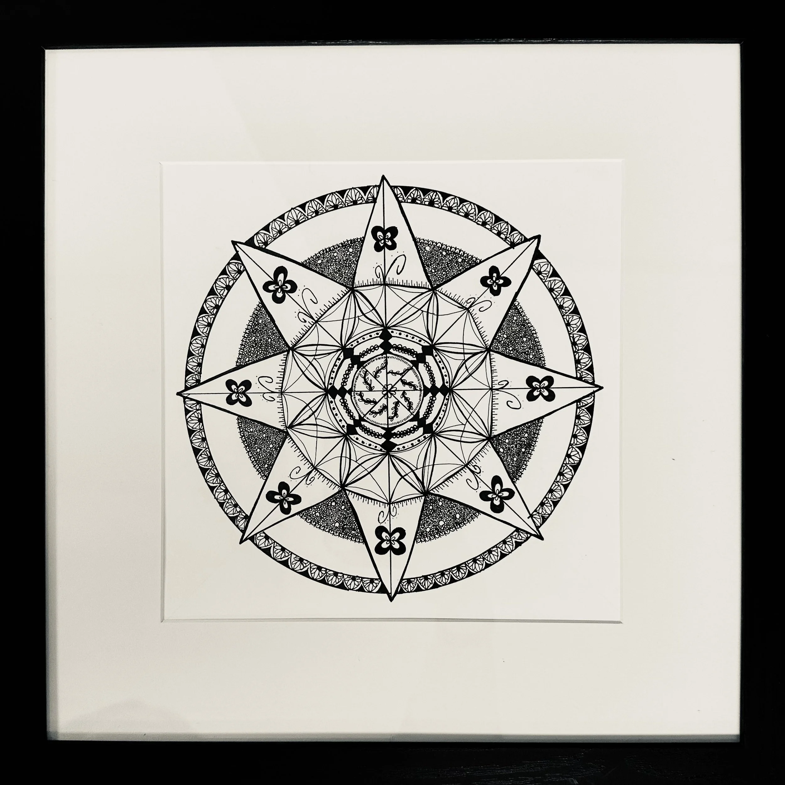 Intricate mandala artwork drawn with Micron pens at a Sumac Arts creative workshop