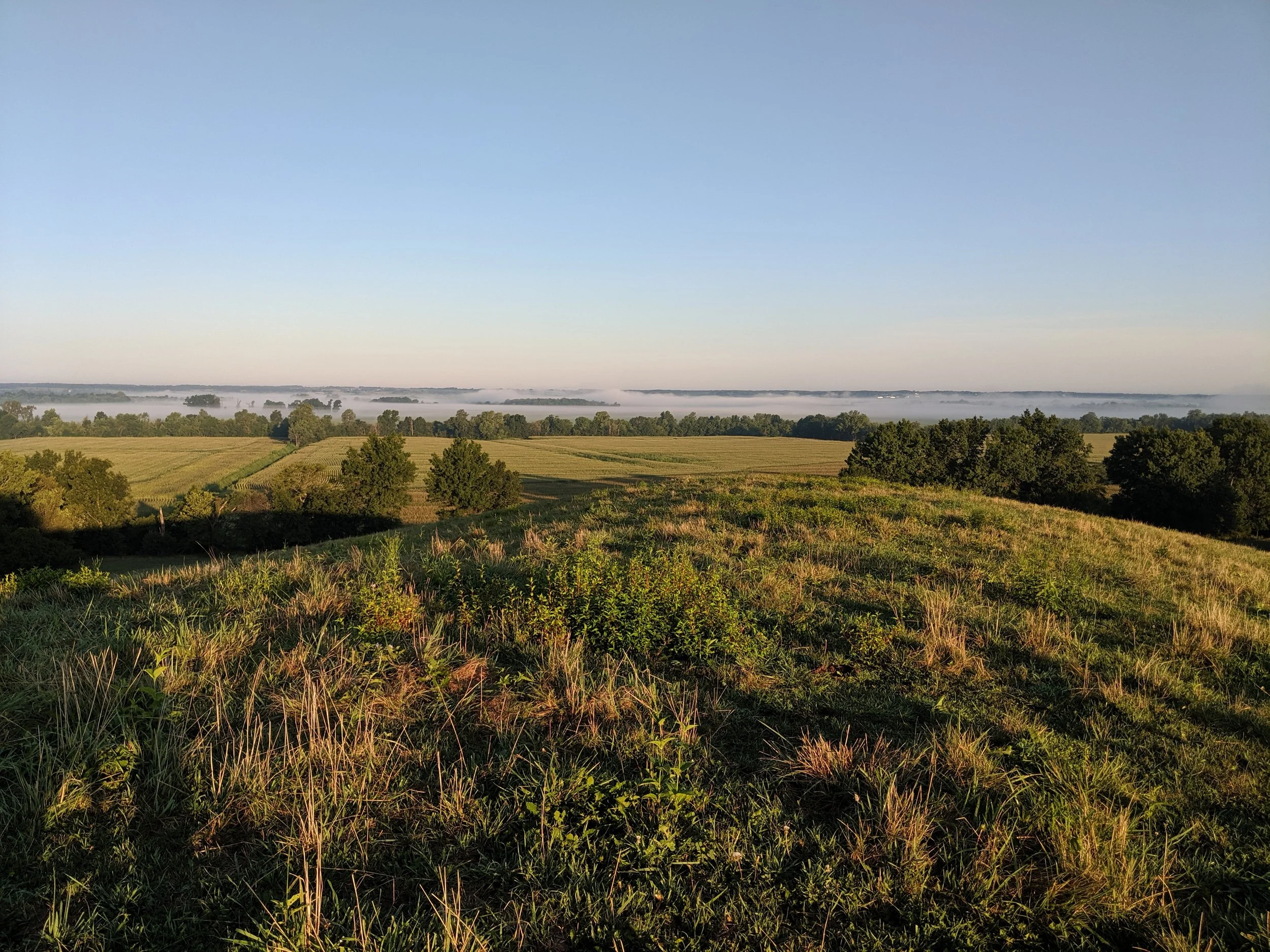 A wide view of a north Missouri rural landscape with green fields, scattered trees, a river and distant mist or fog across the land under a clear sky.