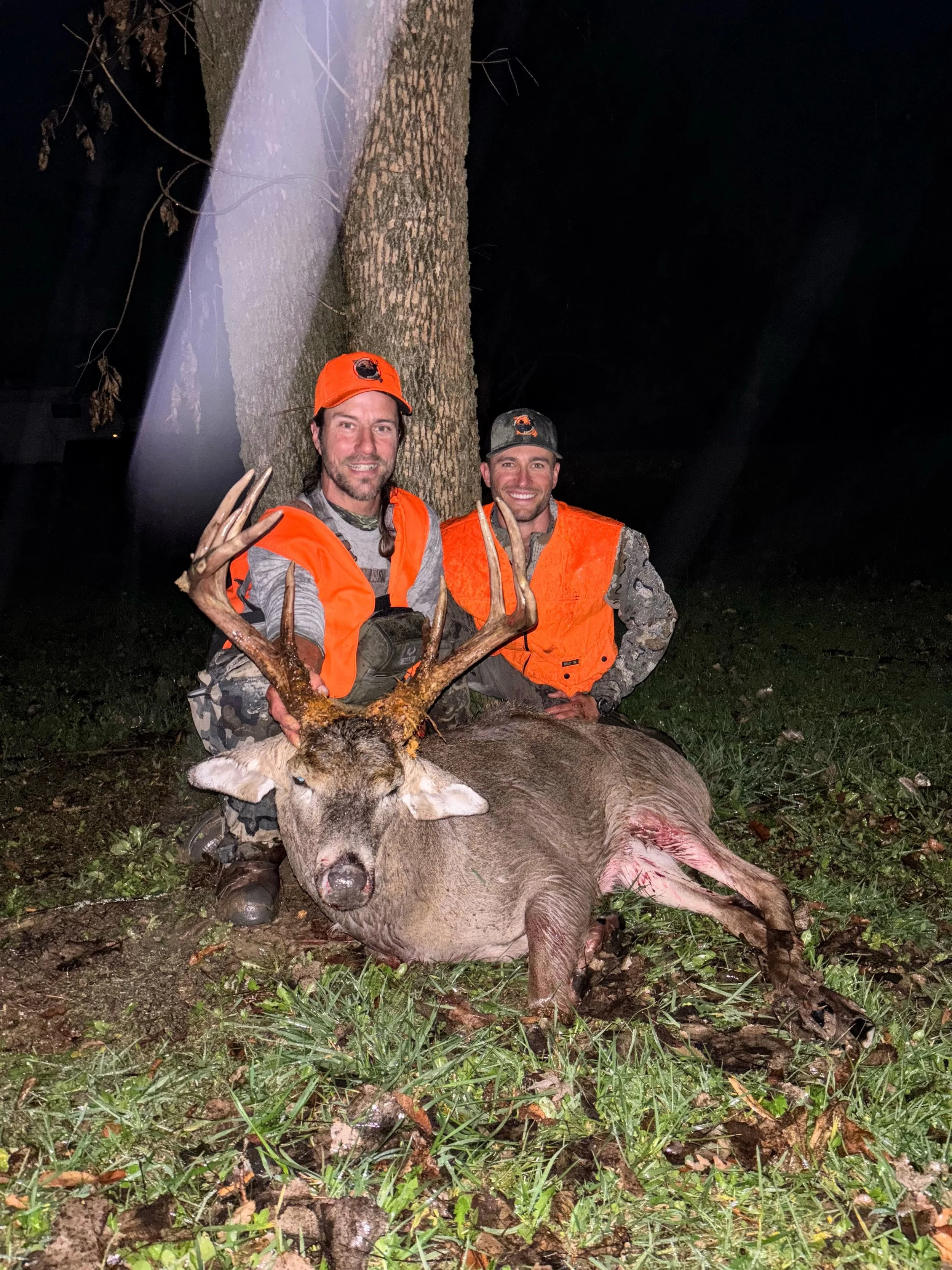 Two hunters in orange vests and hats posing beside a freshly killed deer with antlers, lying on the grass at night under a tree.