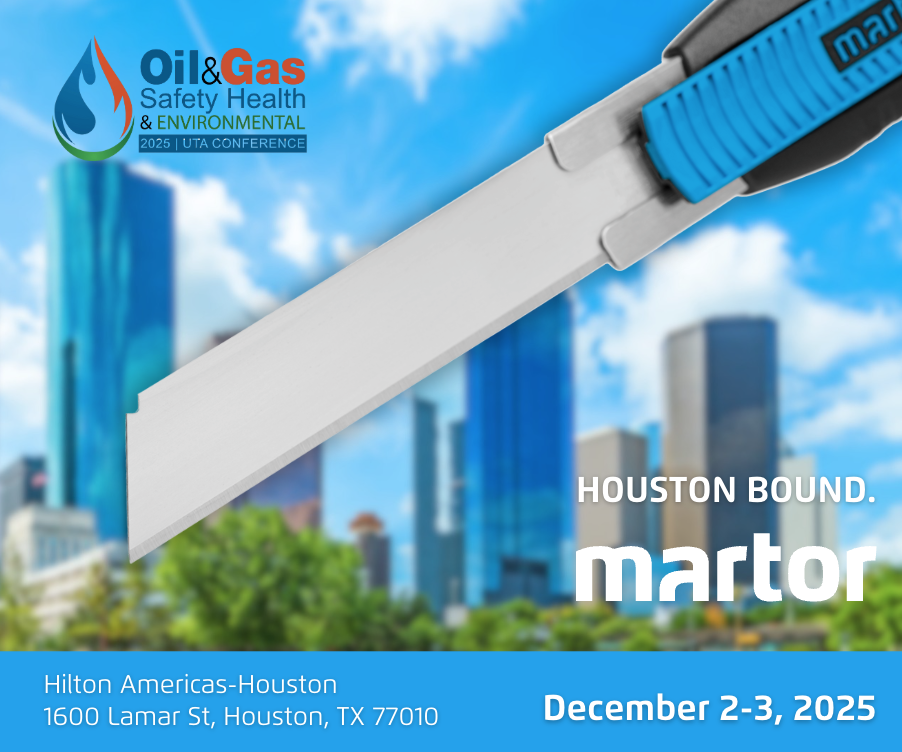 A promotional banner for the Oil & Gas Safety, Health, and Environmental conference 2025 in Houston, featuring a large hacksaw blade, city skyline with tall buildings, and event details including location, date, and a tagline.