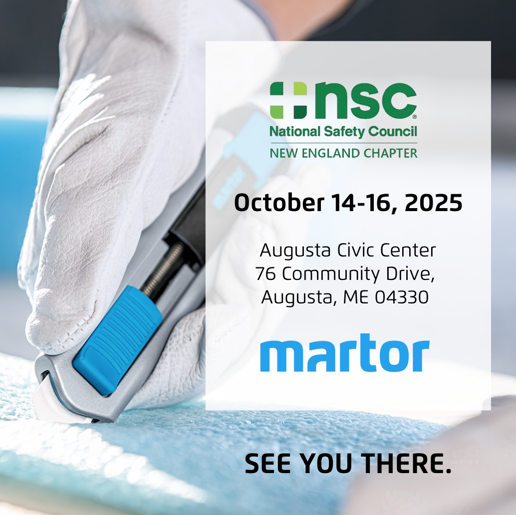 Event announcement graphic for the NSC National Safety Council New England Chapter conference, held October 14-16, 2025 at Augusta Civic Center, featuring a close-up of a person in white work gloves using a safety cutter on blue foam, with the logos 