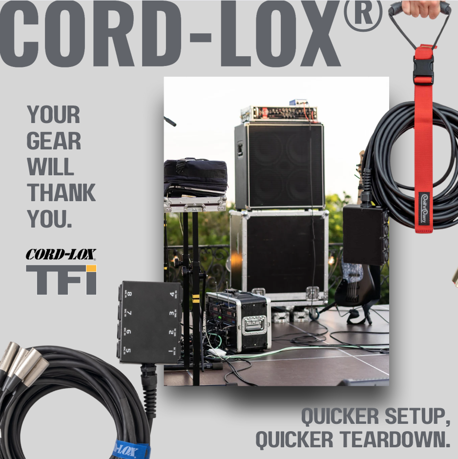 Image of audio and sound equipment with cords and cases, promoting CORD-LOX to prevent gear tangling.