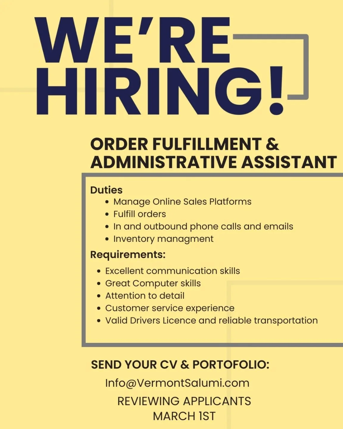 We're looking for help in a few areas!
If you or someone you know would like to work in the food scene with some pretty cool people reach out for the official job description. Thanks!