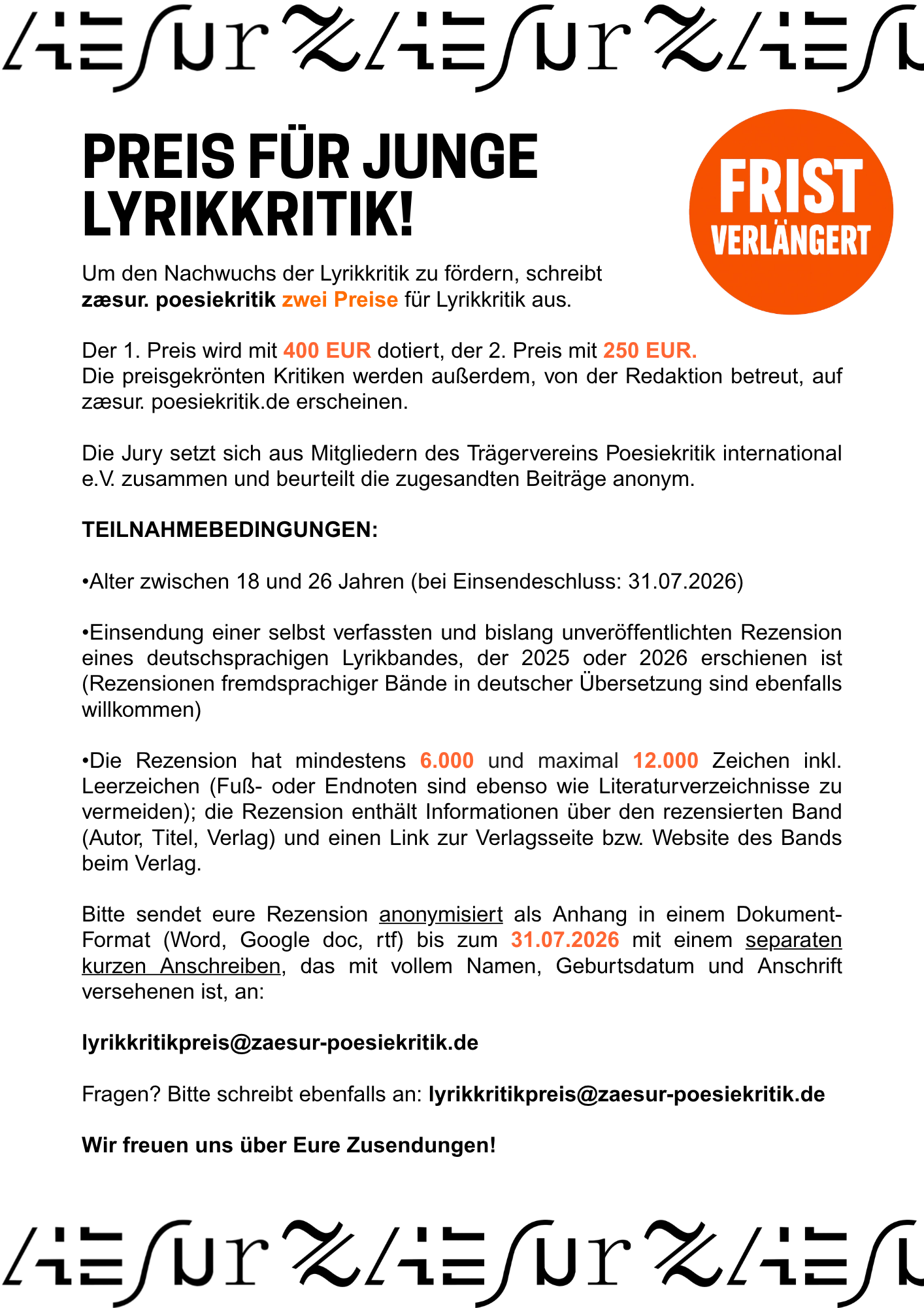 Reminder: Preis für junge Lyrikkritik von zæsur. poesiekritik - Fristverlängerung bis 31.7.