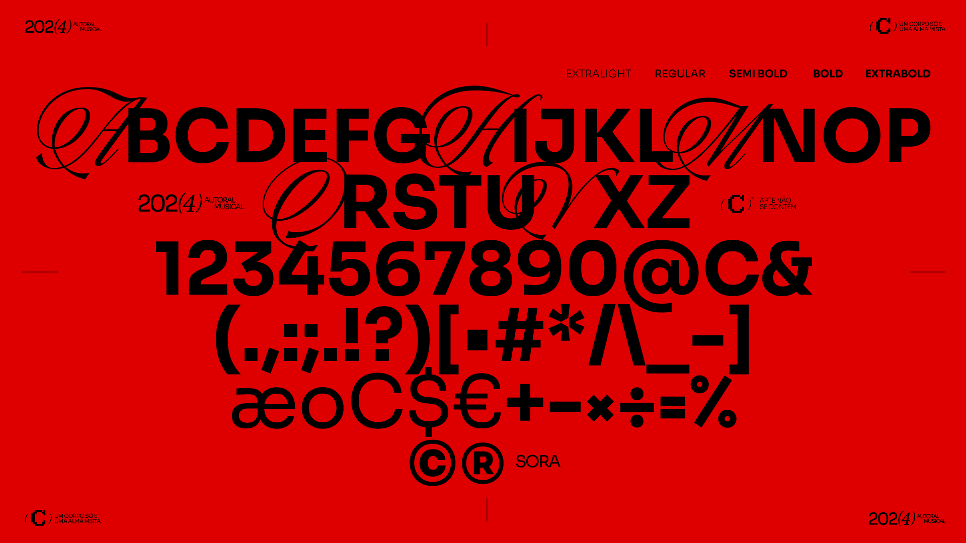 Typeface design showcasing uppercase letters, numbers, and symbols in black on a red background, labeled with font weights like extralight and bold. Includes artistic and musical elements with decorative script letters. Initial numbers (2024) and text references to 'AUTORAL MUSICAL' present.
