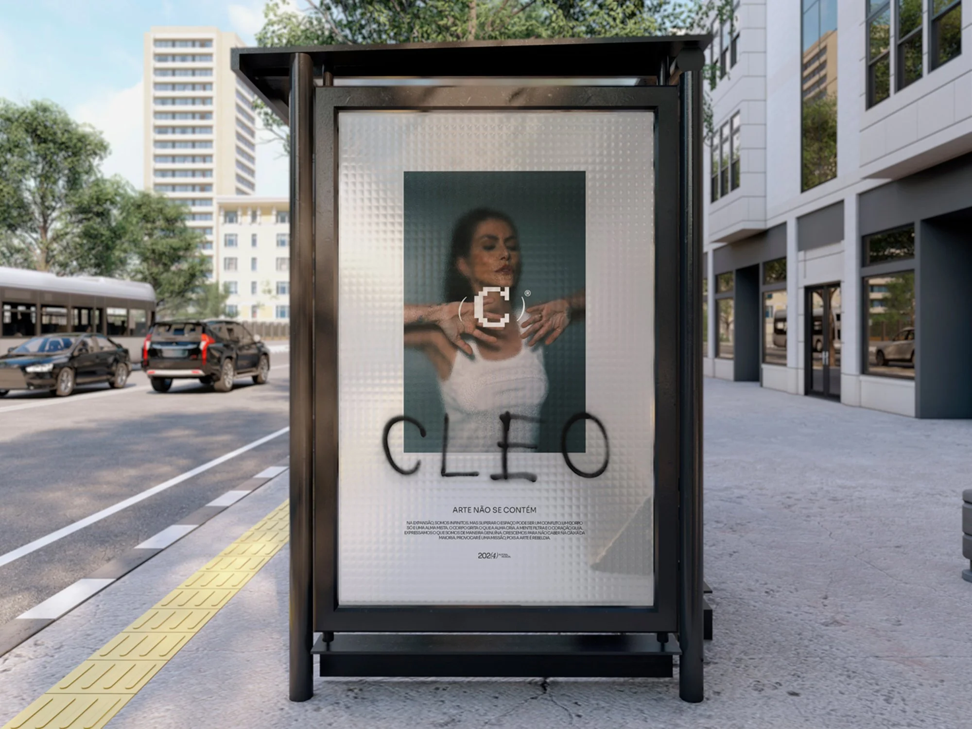 Urban street scene featuring a bus stop advertisement with an artistic poster; the word 'CLEO' is spray-painted on the glass cover. Background includes buildings, parked cars, trees, and a yellow tactile paving on the sidewalk.