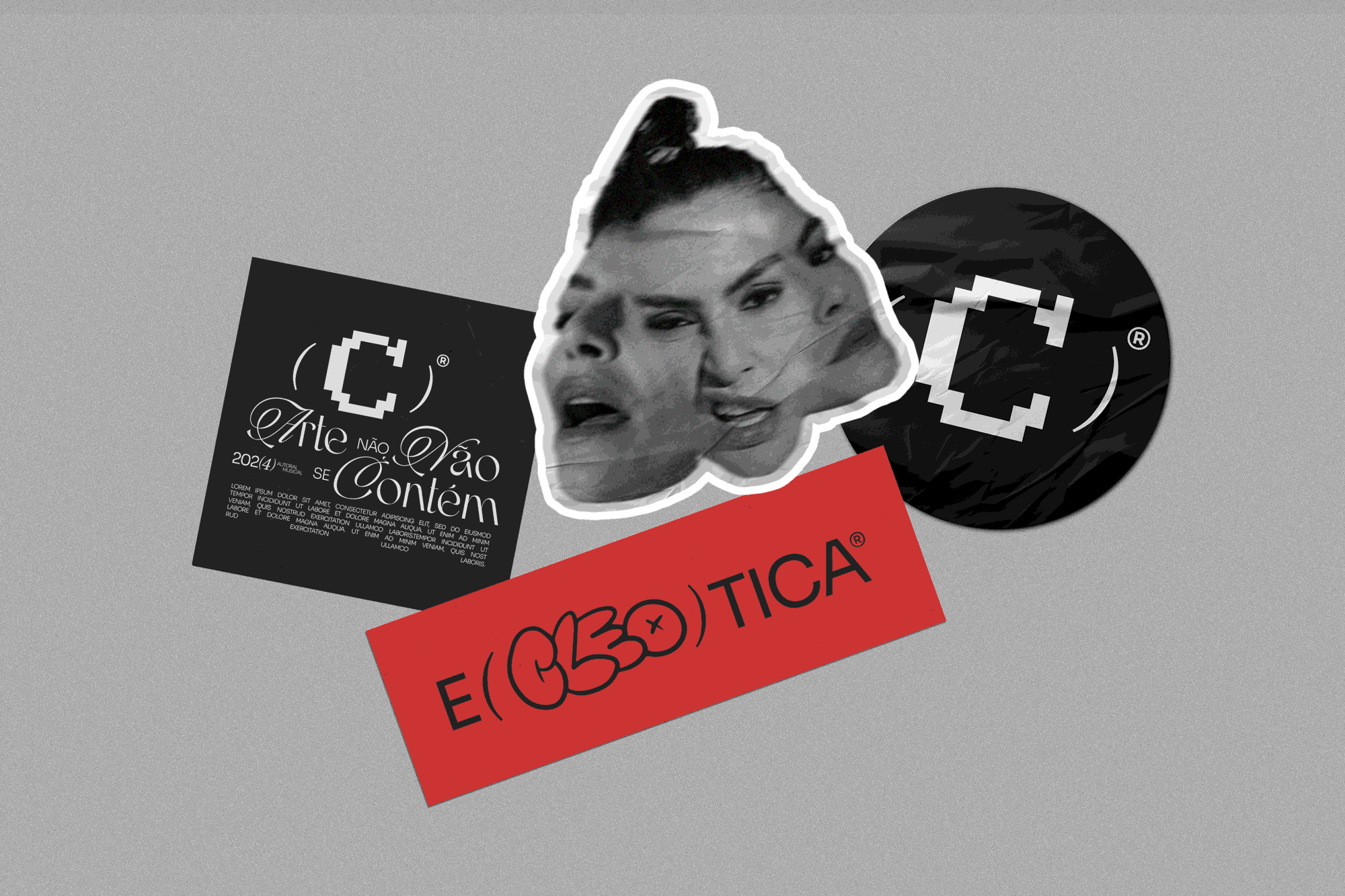 A collage with various design elements including a black square featuring the letter 'C' and stylized text 'Arte não se Contém,' a red label with the word 'E( O )tica,' a round black label with the letter 'C,' and a distorted image of a person’s face with visual effects.