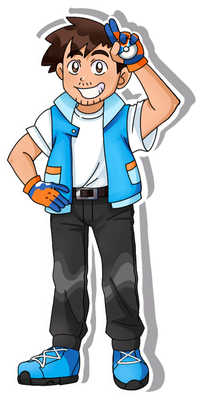 Cartoon of a young man with brown hair, smiling and holding a Poké Ball near his head, dressed in a blue vest, white t-shirt, black pants, and blue sneakers.