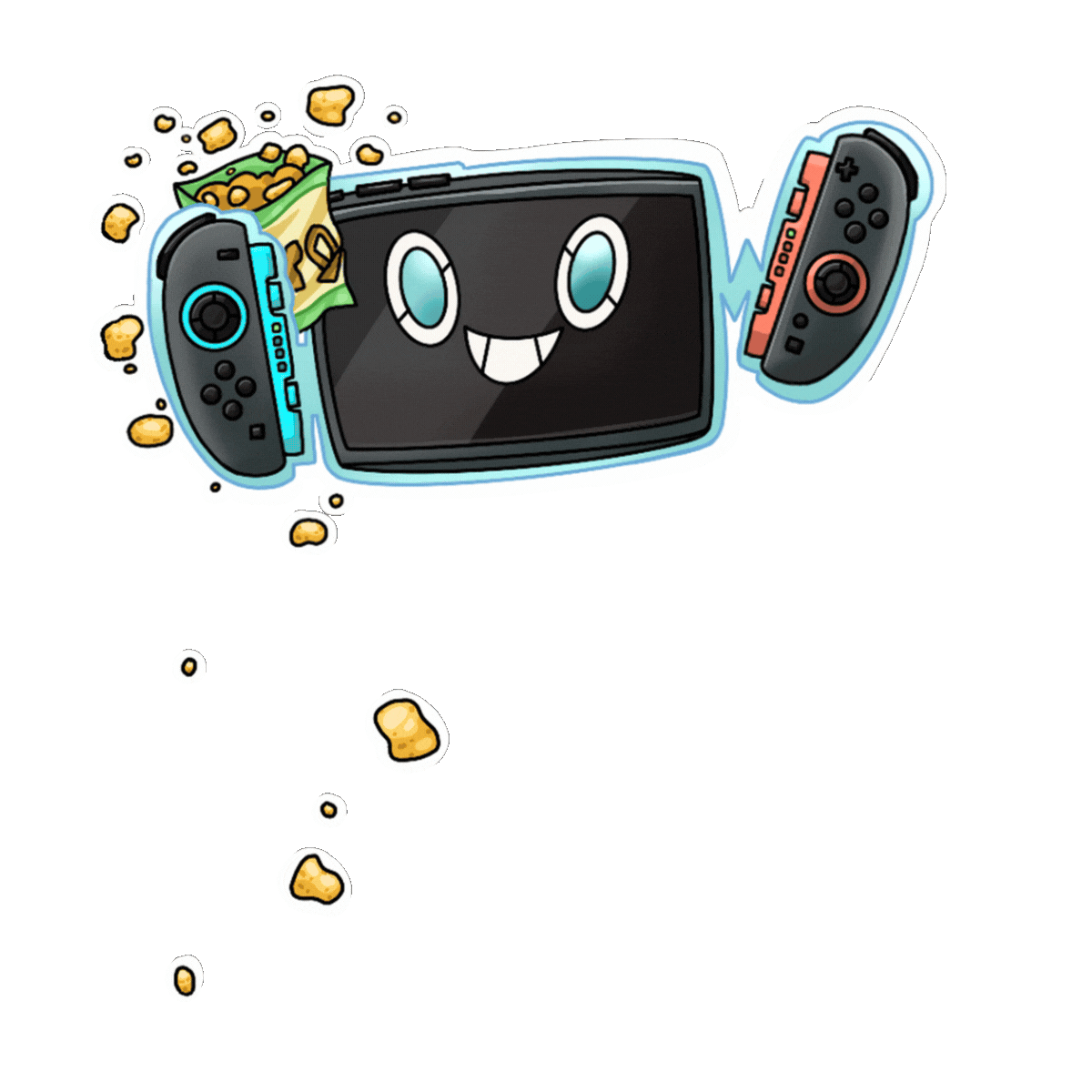 A cartoon-style illustration of a gaming console with a smiling face, two controllers, and popcorn spilling out, set against a light blue background.