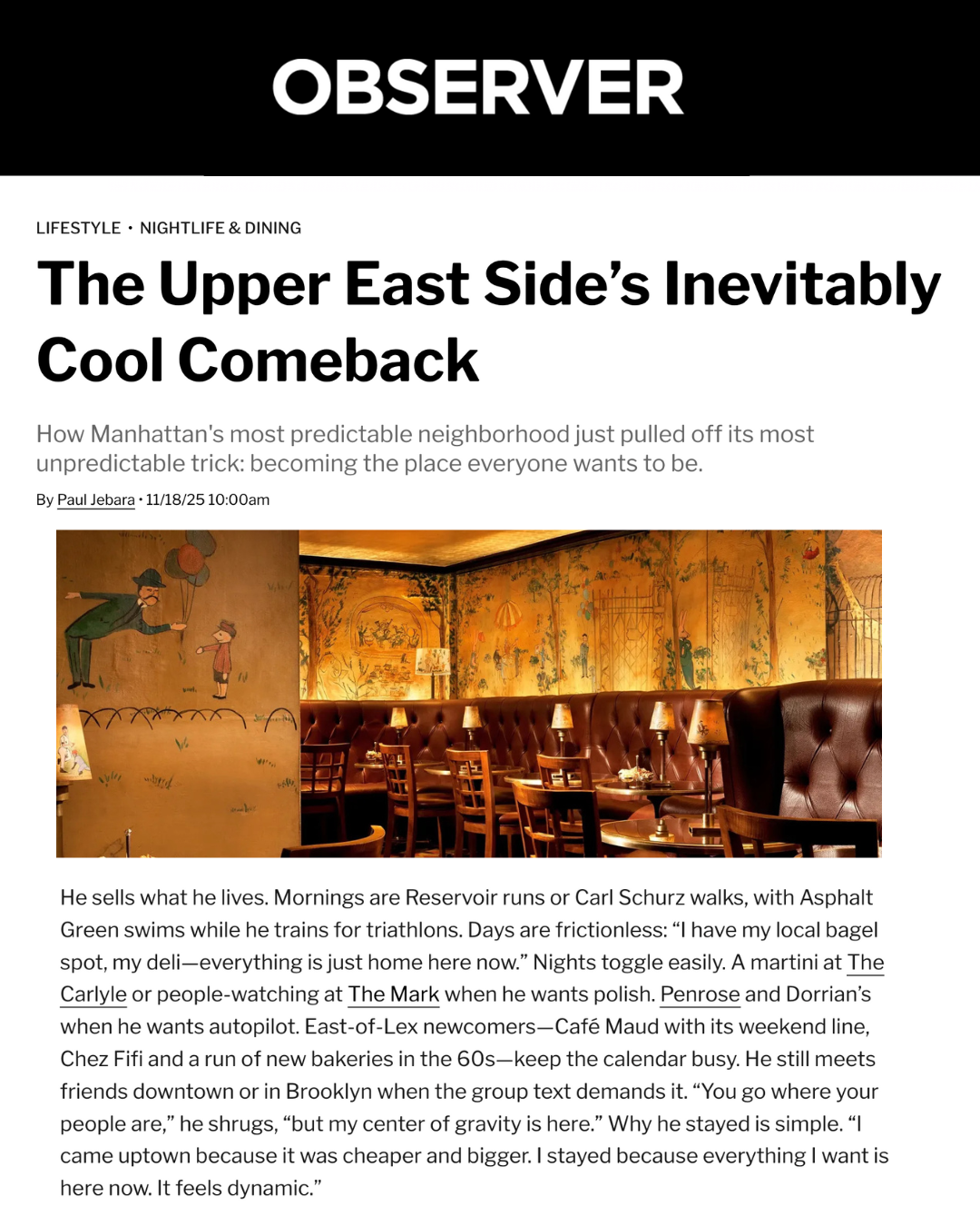 PR Article Clipping - OBSERVER: The Upper East Side’s Inevitably Cool Comeback