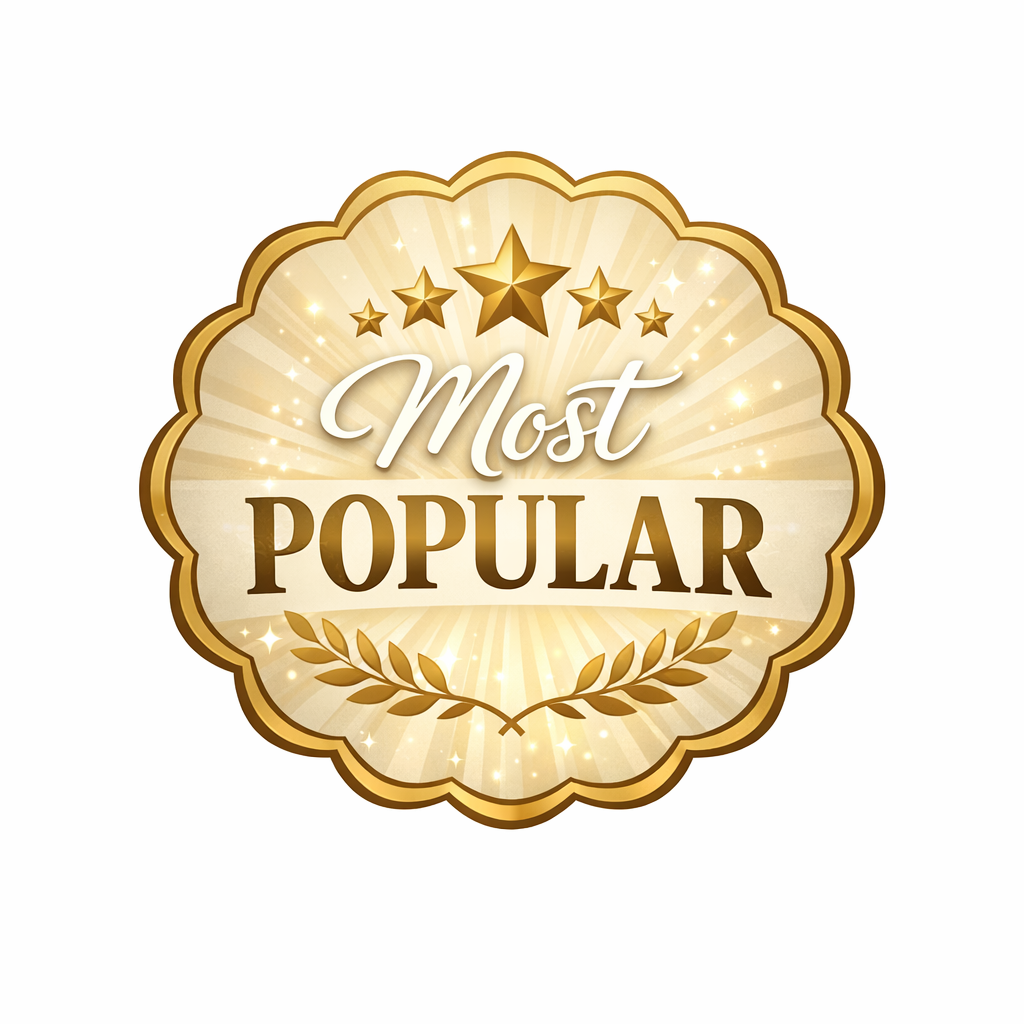 A gold and cream badge with stars and laurel leaves, reading "Most Popular" in elegant script and bold letters.