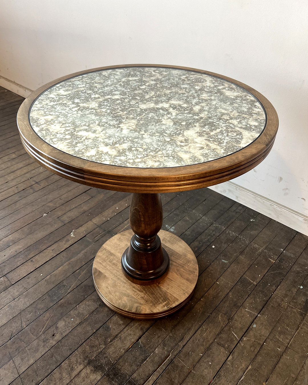 Custom Turned Lounge Table with Antique Mirror Top