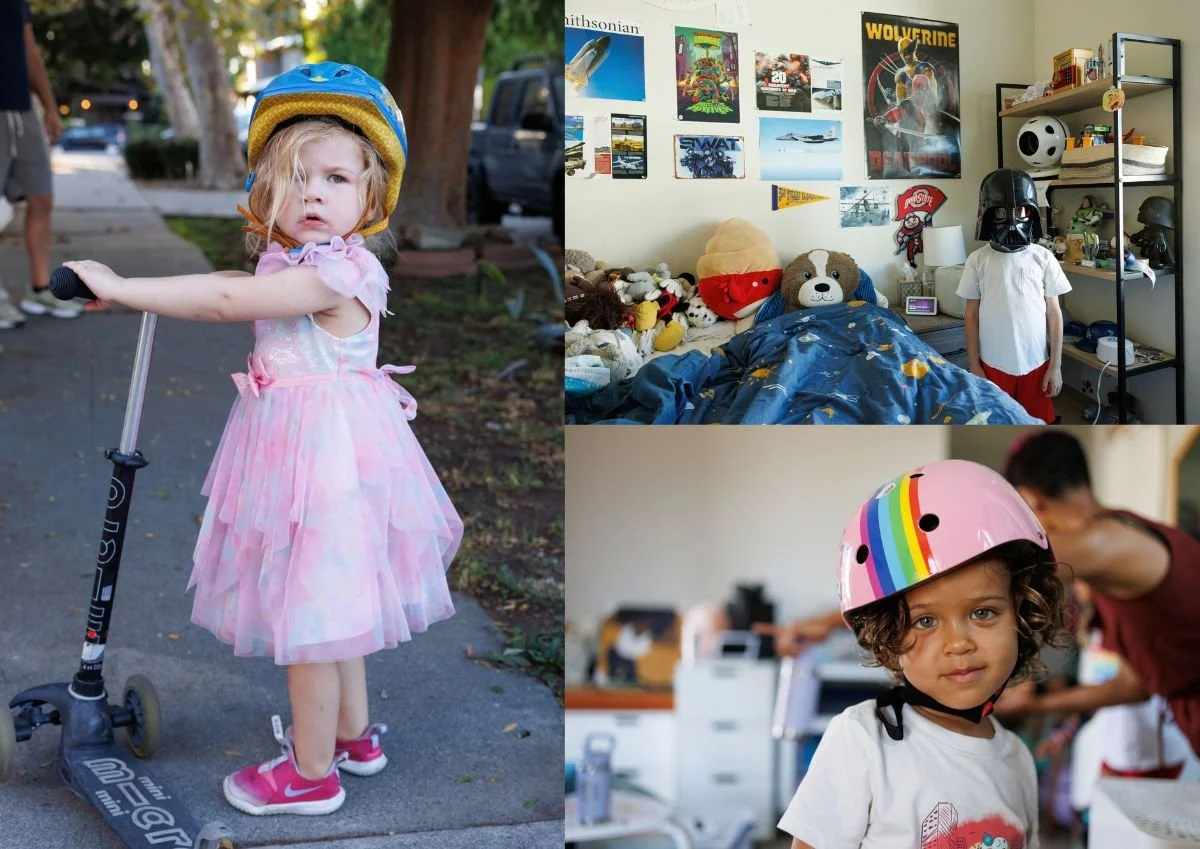 A collage of three photos of kids in helmets: One girl in a blue helmet on a scooter, one girl in a rainbow helmet indoors, and one boy in a Darth Vader mask in his room