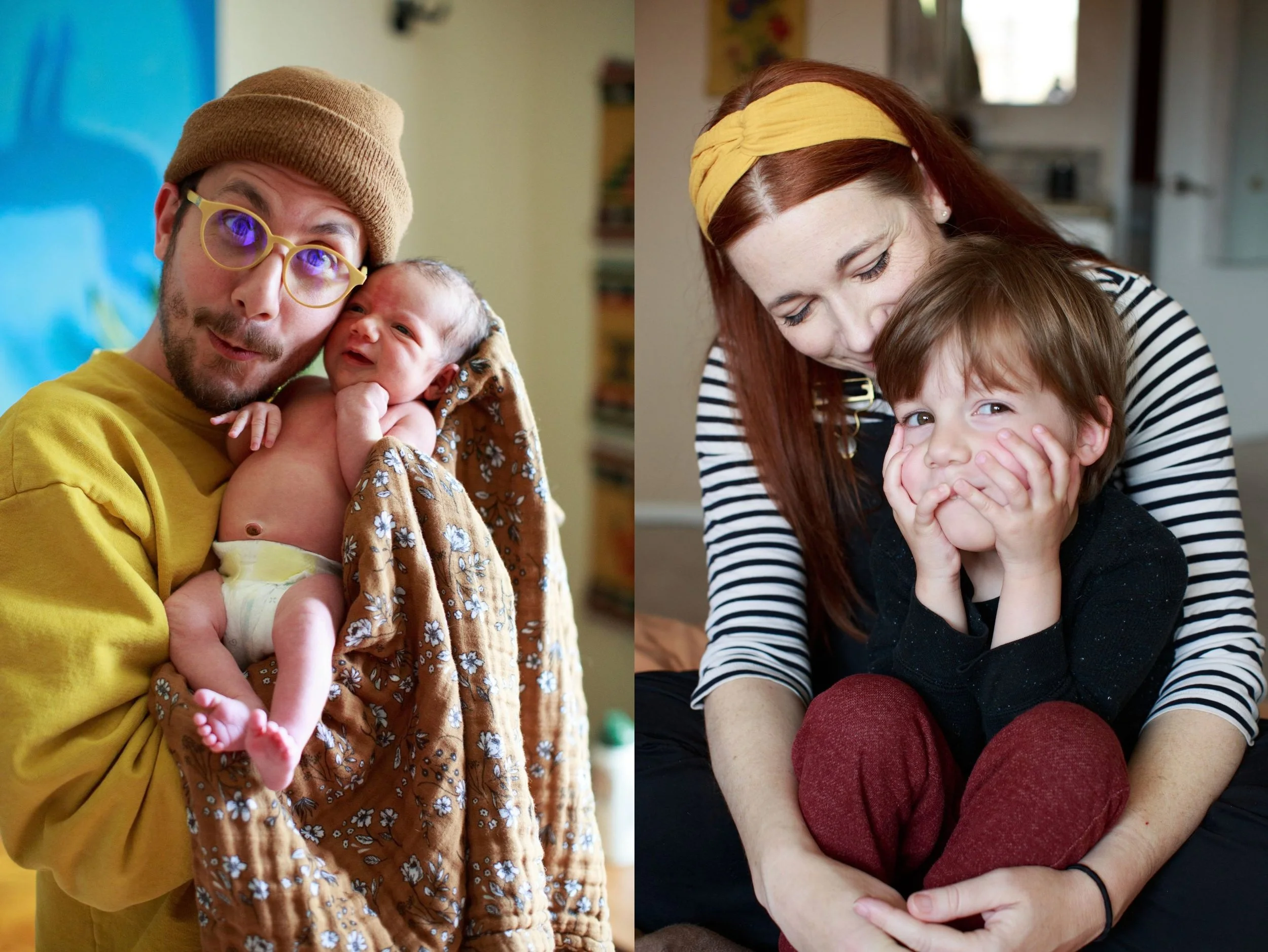 Holiday photo card tips: A side-by-side collage of a dad in yellow glasses making a funny face holding a newborn and a mom holding an older boy who has his hands on his face, looking at the camera.