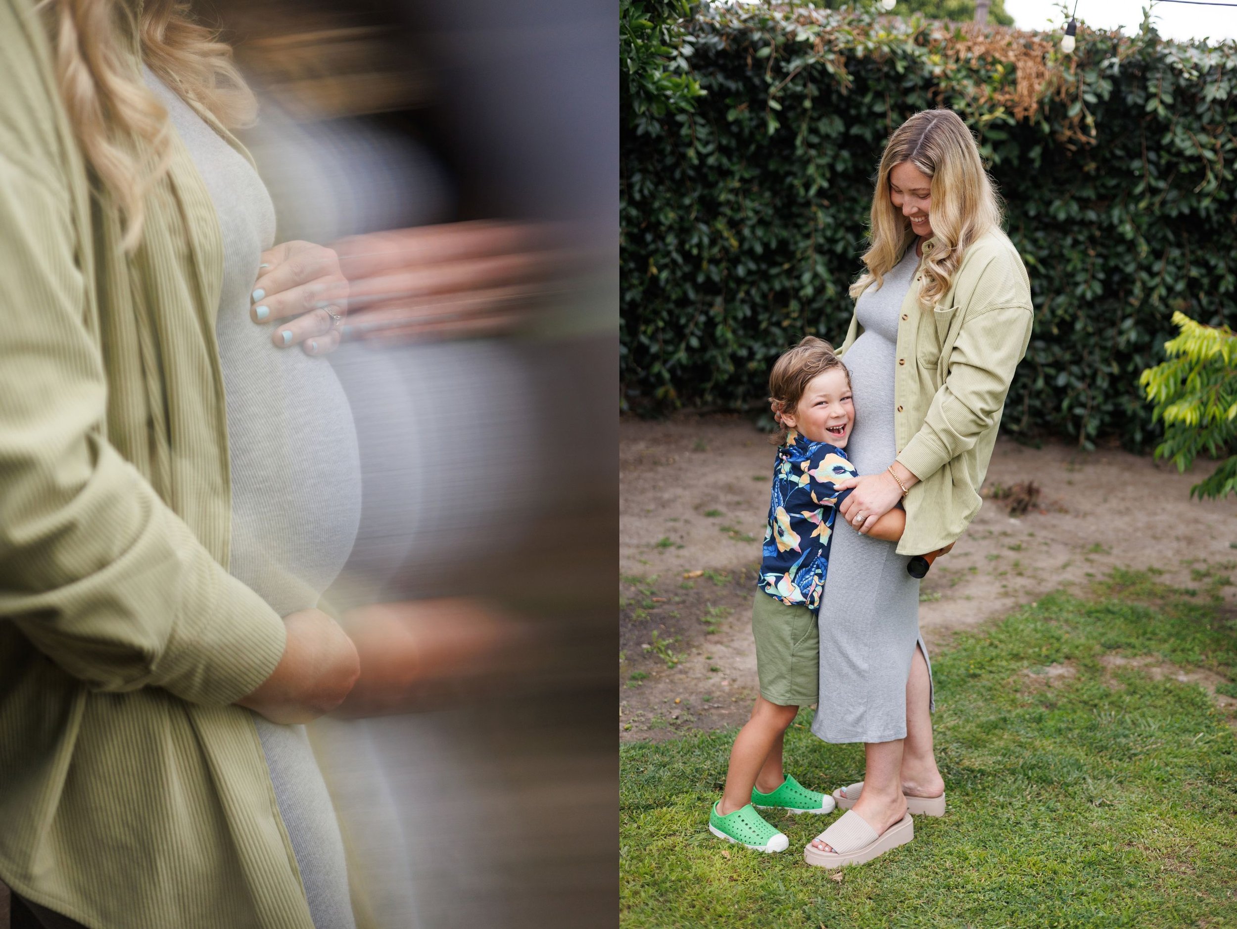 orange county maternity photographer: side-by-side maternity photos of a woman in a long grey dress and a sage green oversized jacket