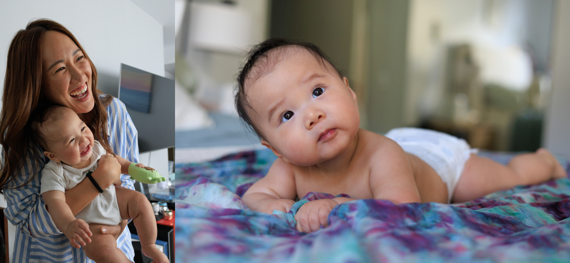 Two side-by-side photos: A mom holds her baby, both smiling and laughing. A baby in a diaper lays on a blanket and looks up at the camera.