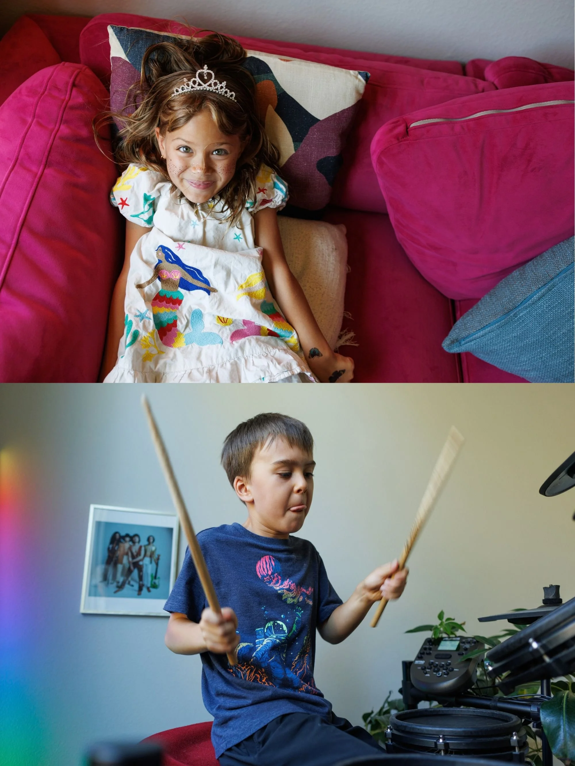 A collage of two photos: A little girl in a tiara smiles at the camera, and a young boy drums