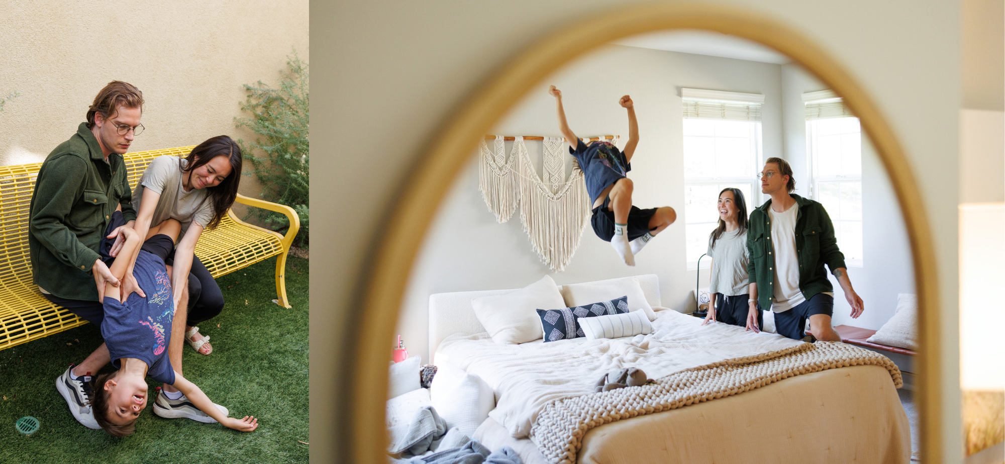 Side-by-side of two photos: Parents hold their son upside-down. Parents watch as their son leaps in the air on the bed.