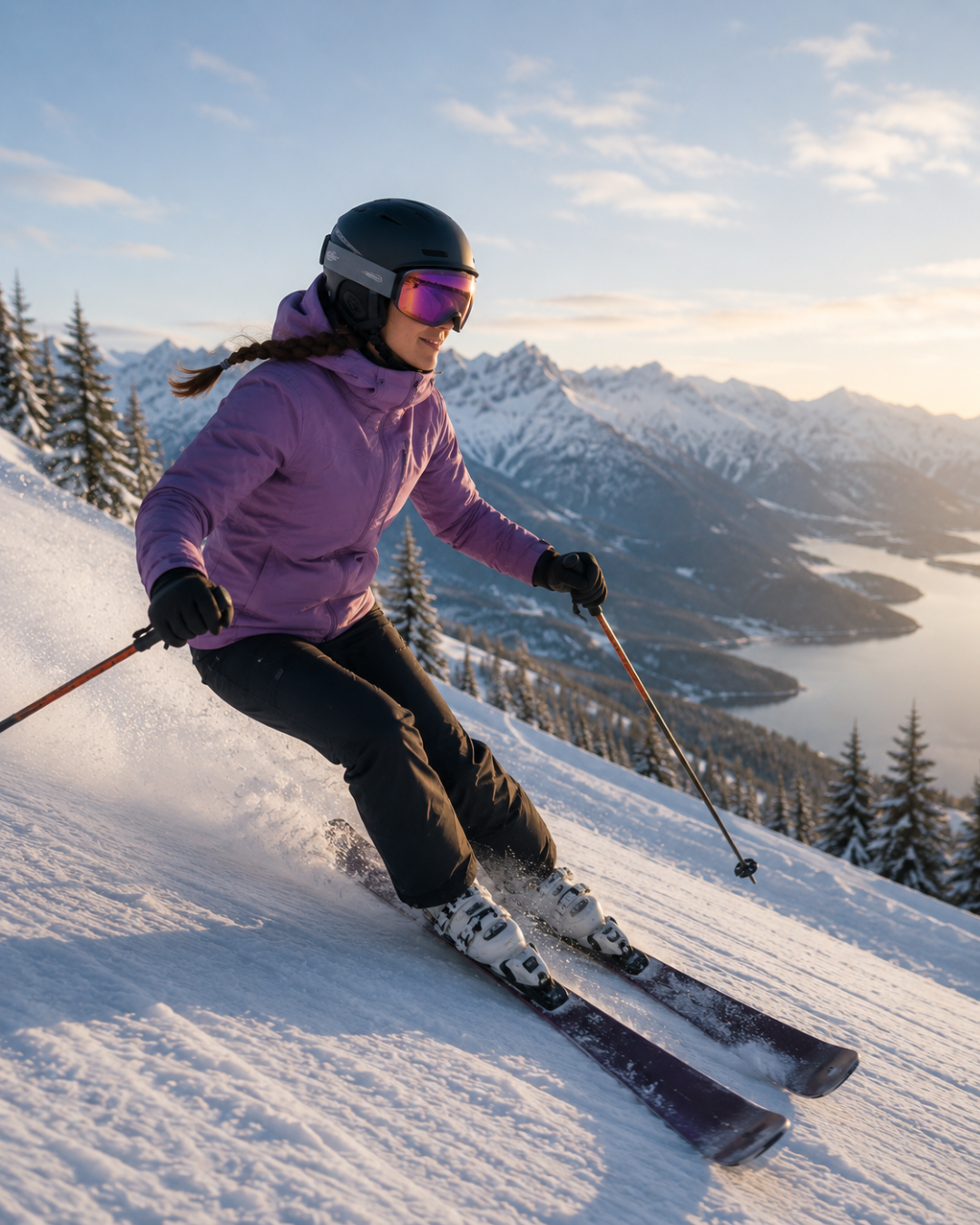 A confident female skier skiing down the mountain