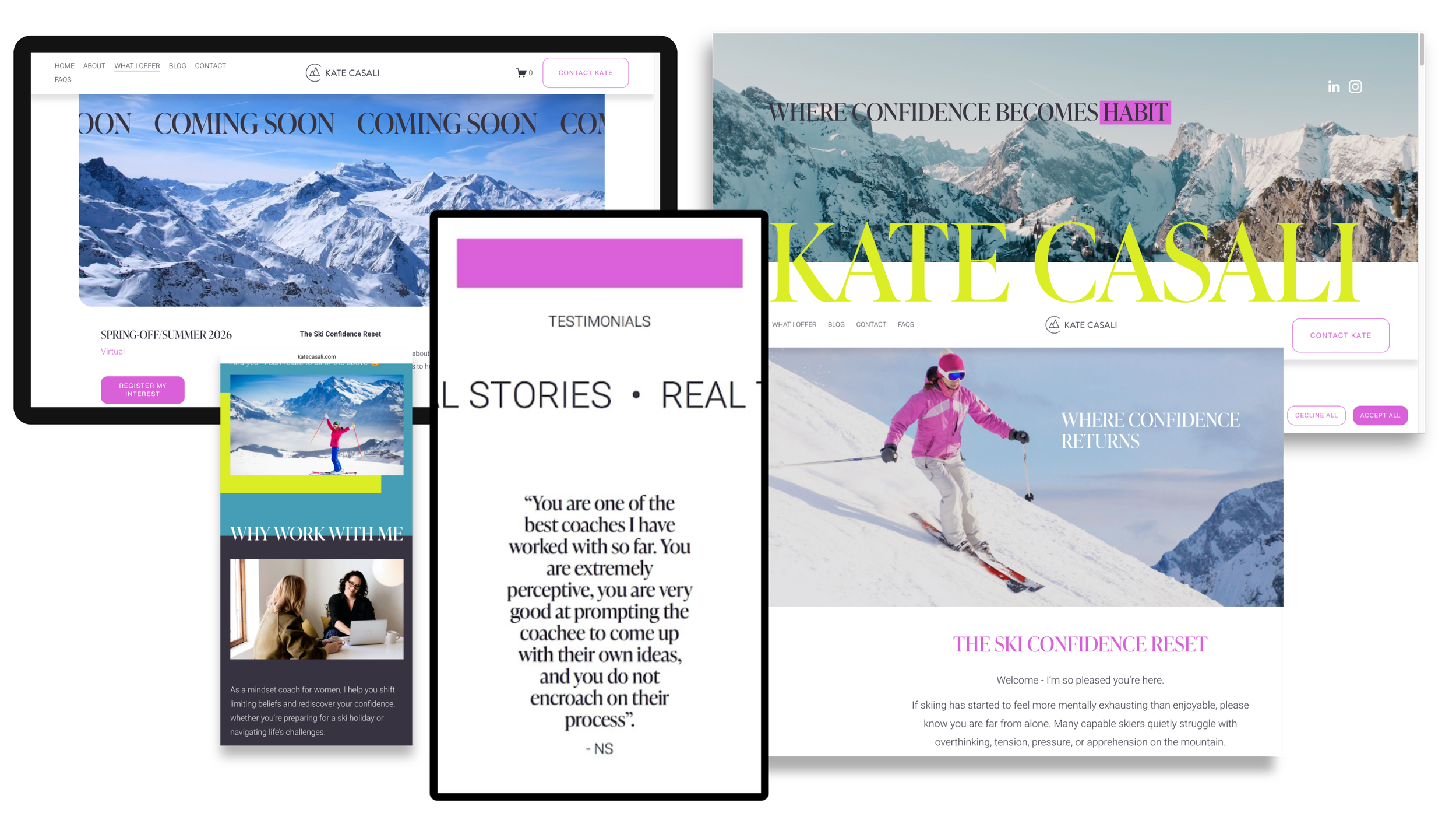 Multiple screenshots of a website promoting ski coaching and confidence courses, featuring snowy mountain landscapes, a woman skiing, and various text sections about services and testimonials.