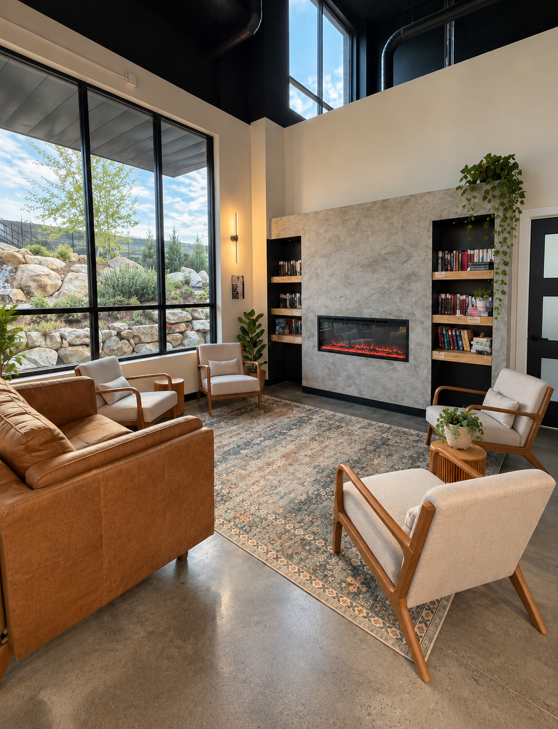 Cozy lounge at Landmarks Coffee in Colorado Springs with a fireplace, comfortable seating, and large windows overlooking landscaping.