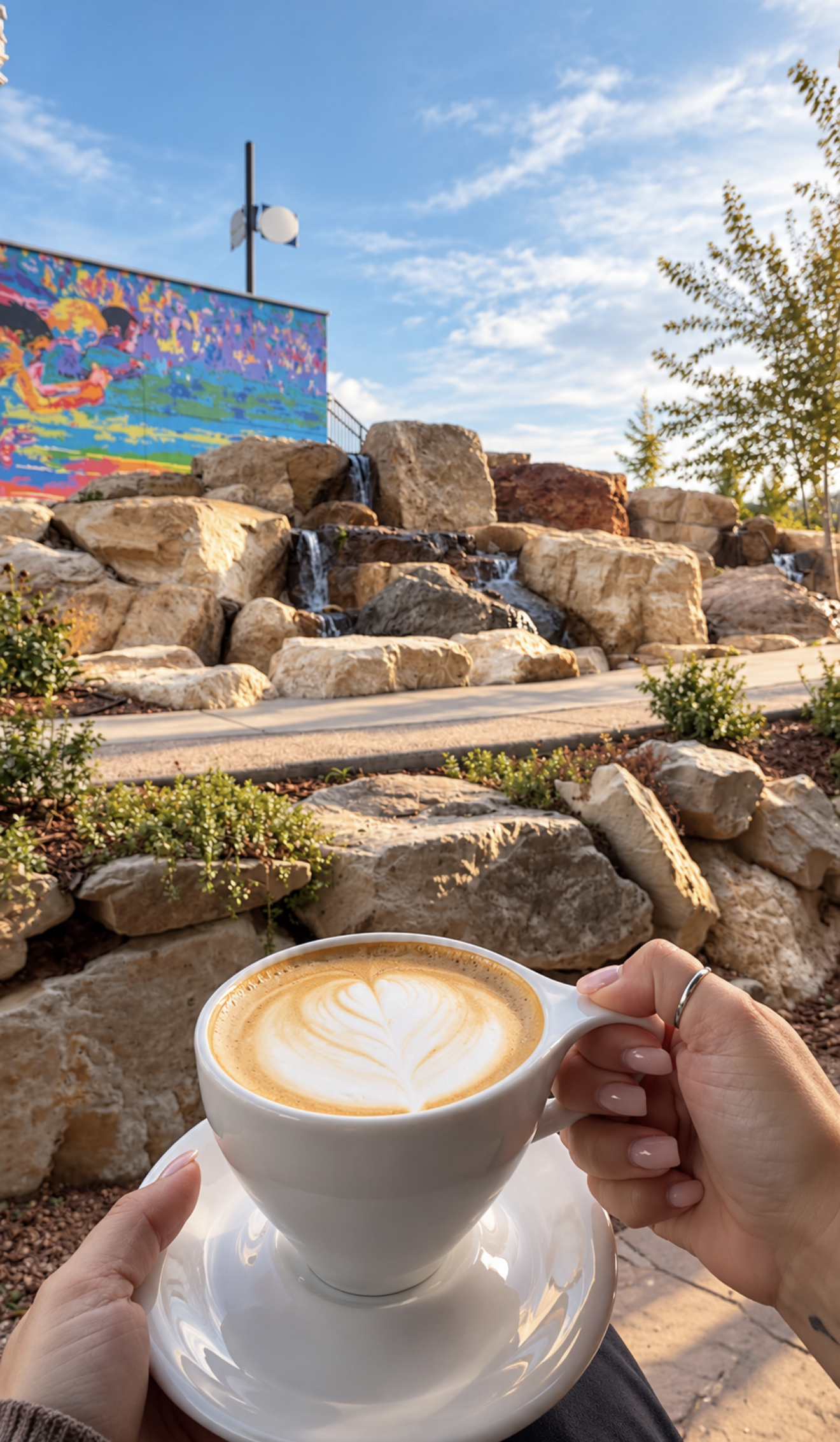 handcrafted latte enjoyed outdoors near the waterfall and colorful mural at Landmarks Coffee in downtown Colorado Springs